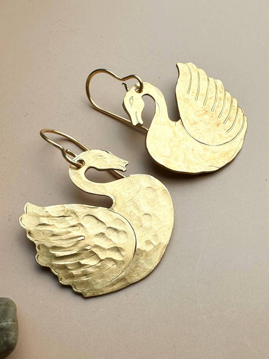 Signet Swan Earrings - Beaten Solid Brass