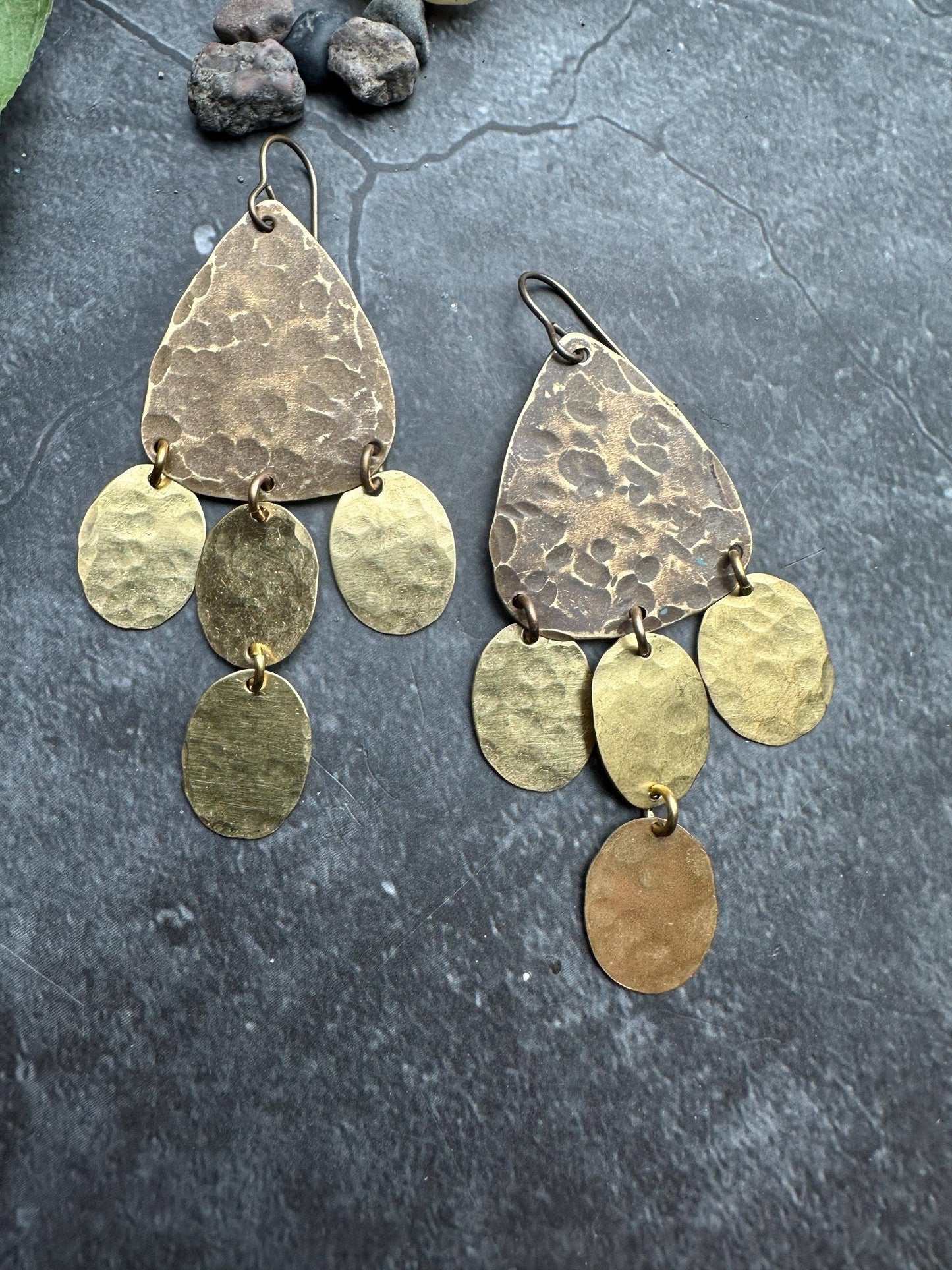 Geometric chandelier - Handmade Solid Beaten Brass Earrings
