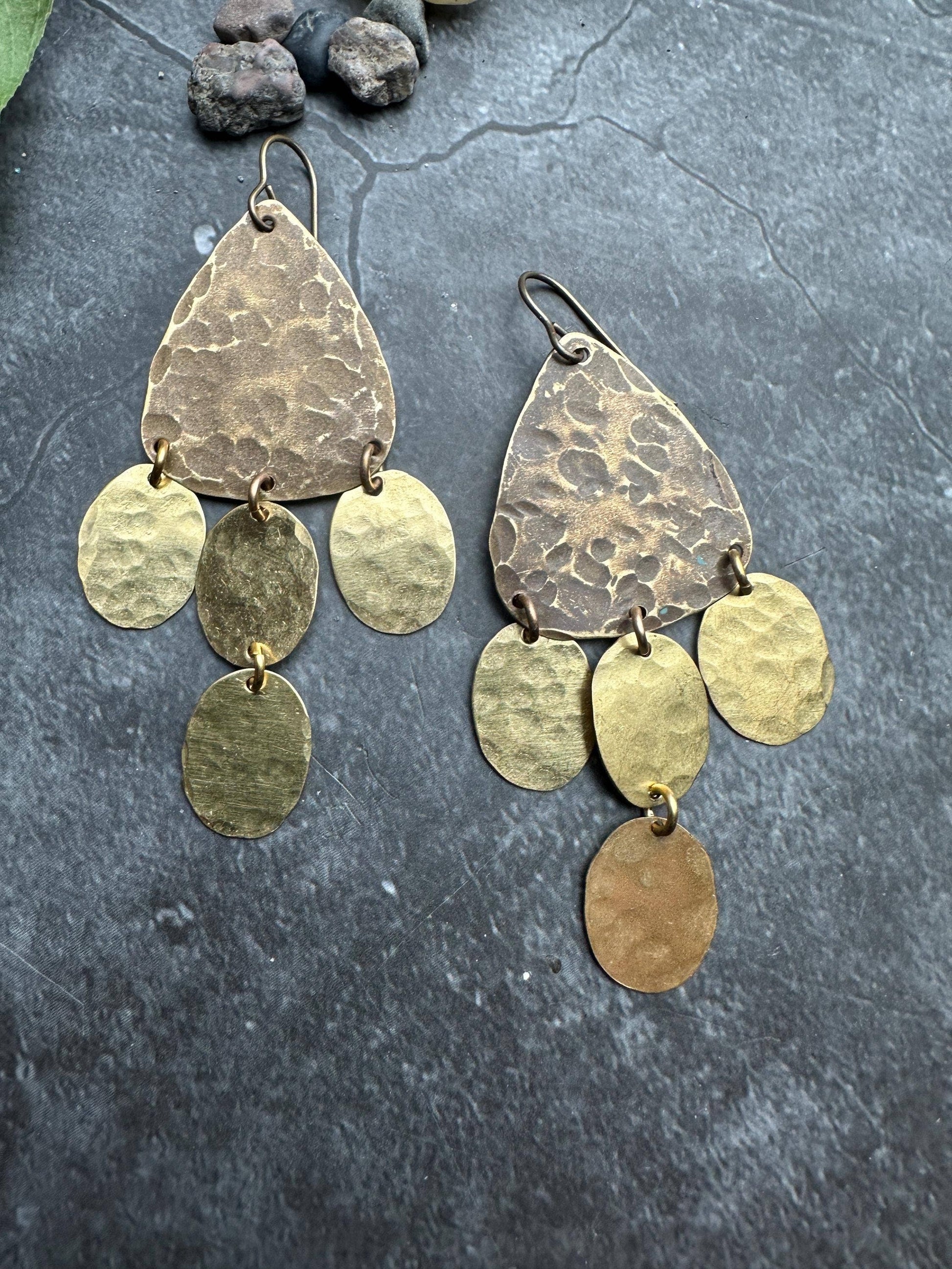 Geometric chandelier - Handmade Solid Beaten Brass Earrings