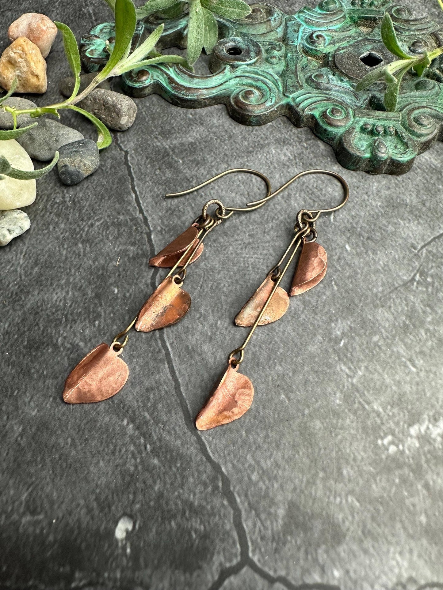 Copper Leaf Cascade Earrings - Rustic Copper Dangles