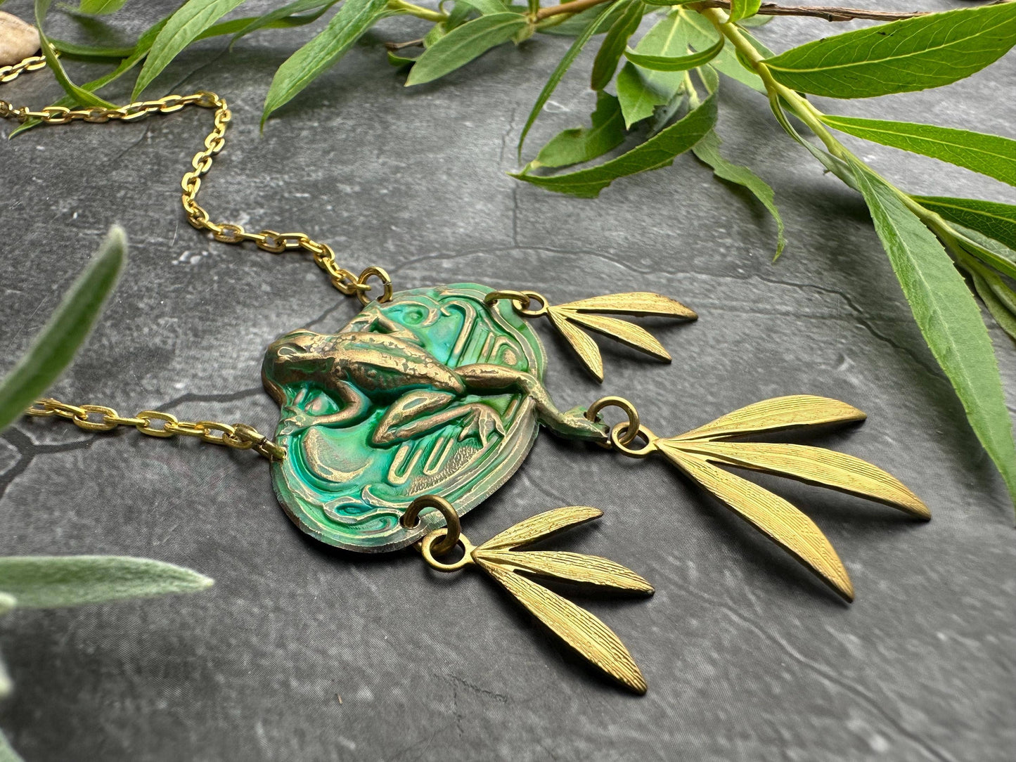 Frog Necklace, Verdigris Brass Pendant, Nature Botanical Sta