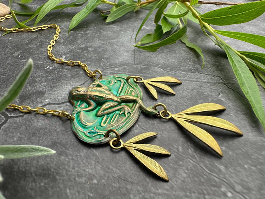 Frog Necklace, Verdigris Brass Pendant, Nature Botanical Sta