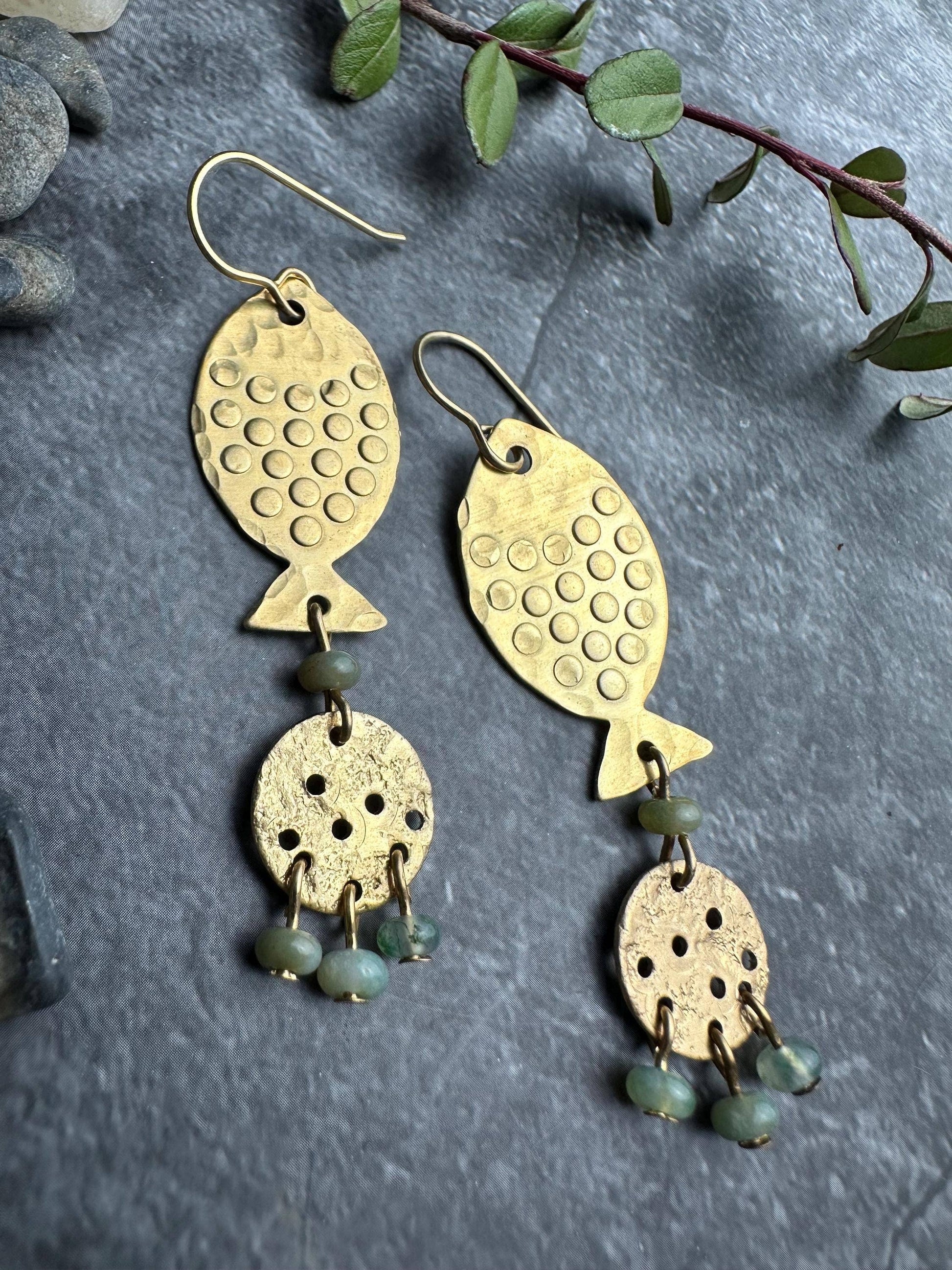 River Fish Dangle Earrings with Moss Agate