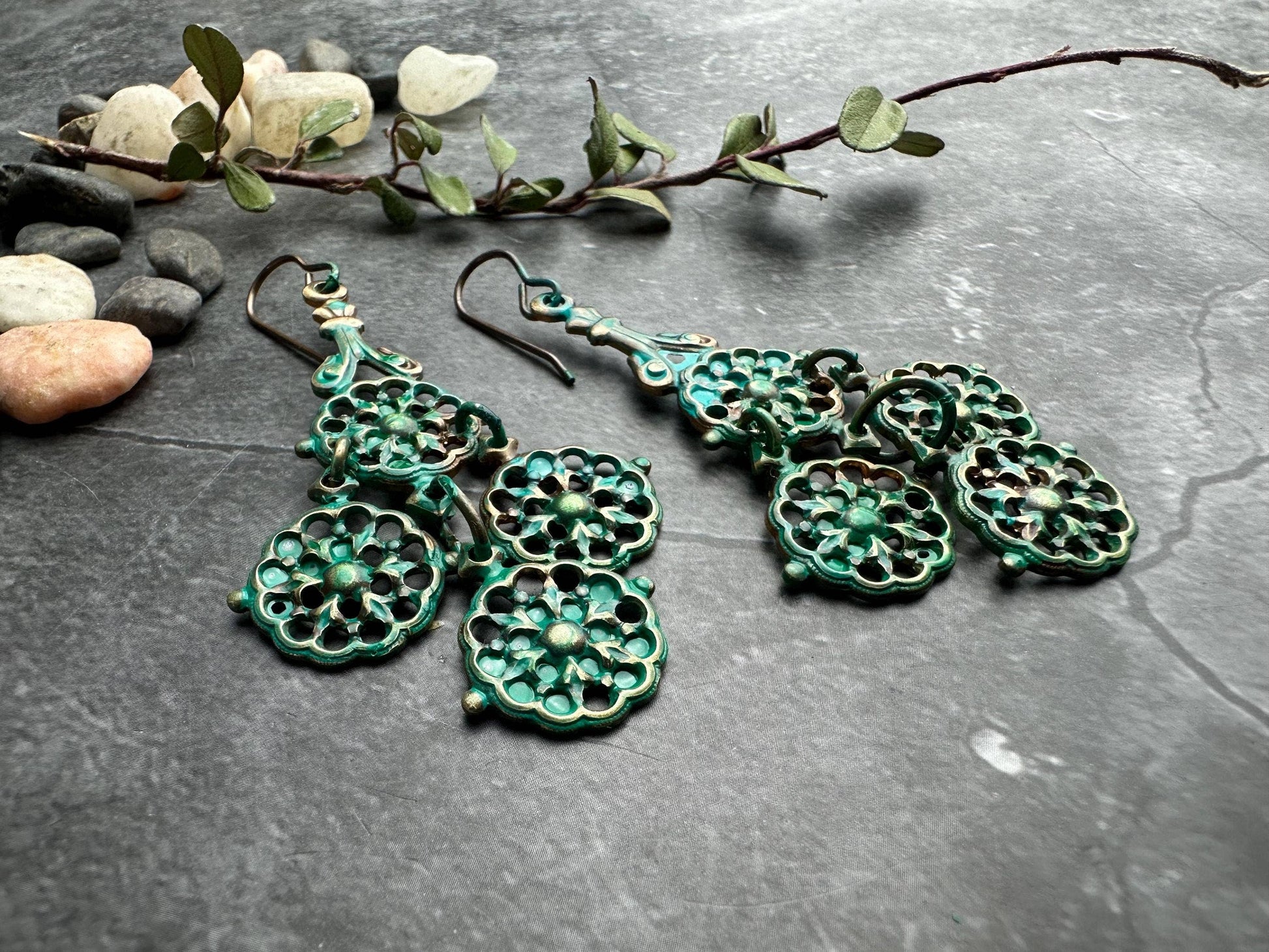 Verdigris Filigree Chandelier Earrings
