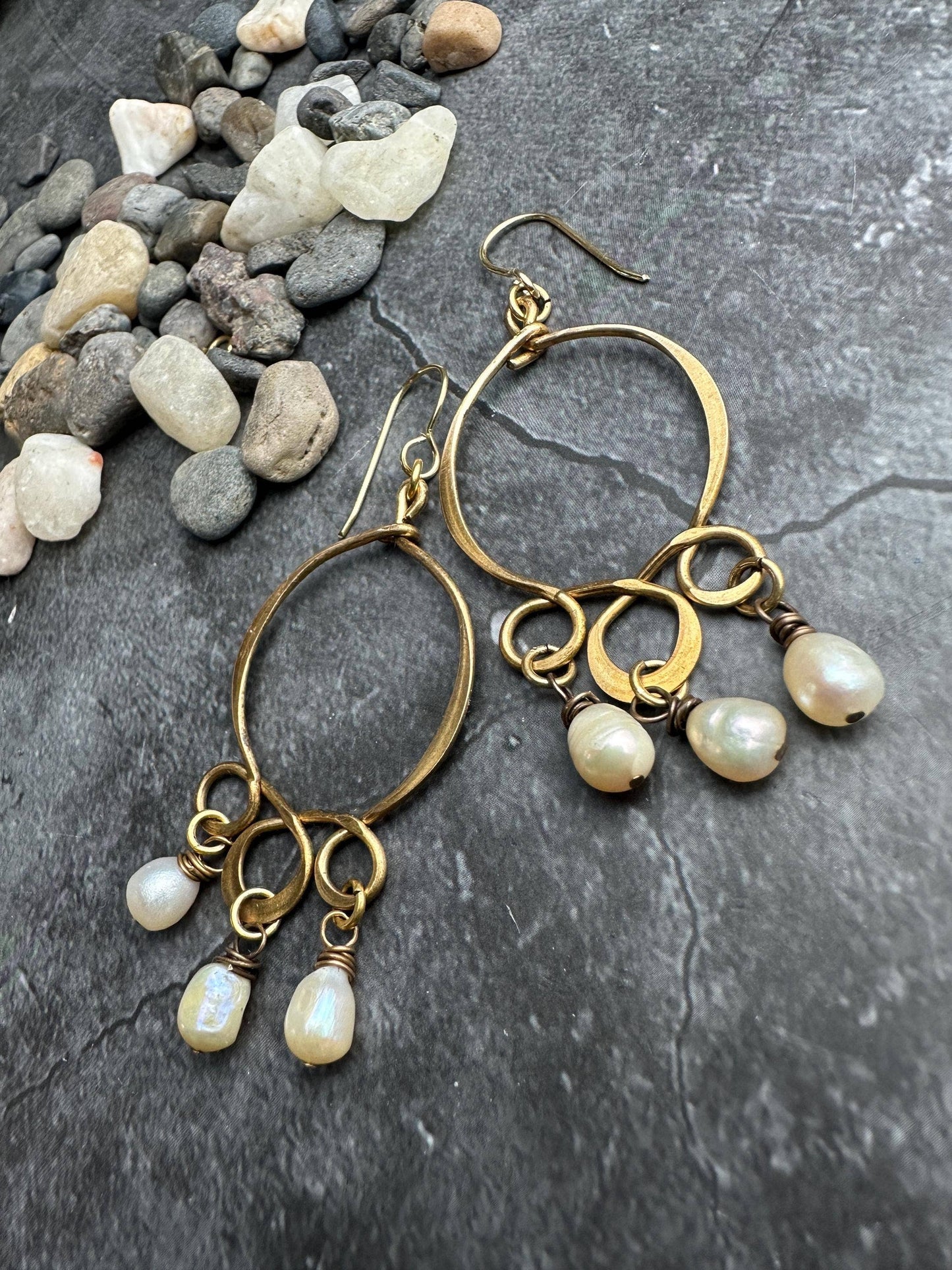 Formed & Hammered Wire Natural Pearl Earrings - Solid Brass
