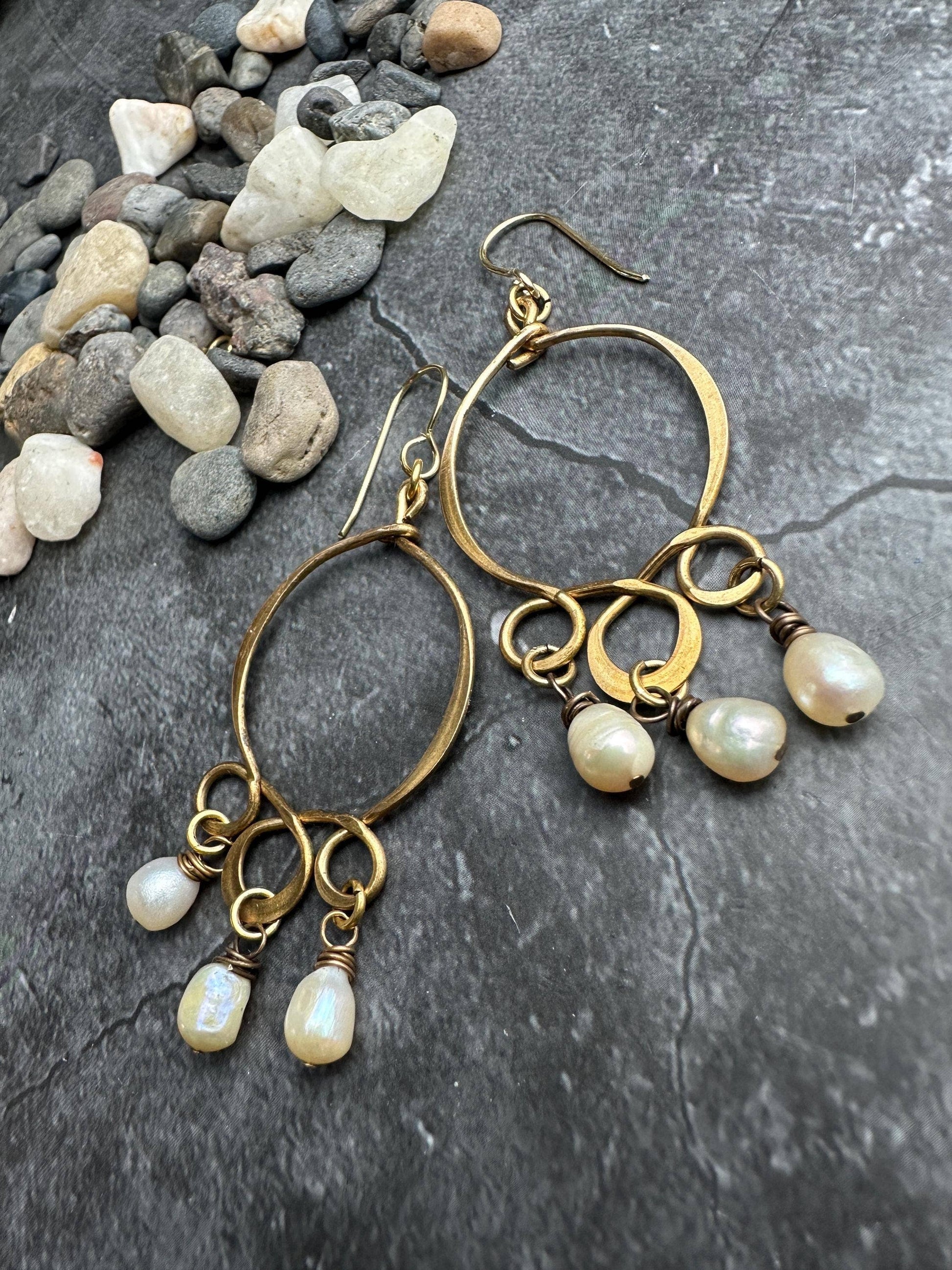 Formed & Hammered Wire Natural Pearl Earrings - Solid Brass