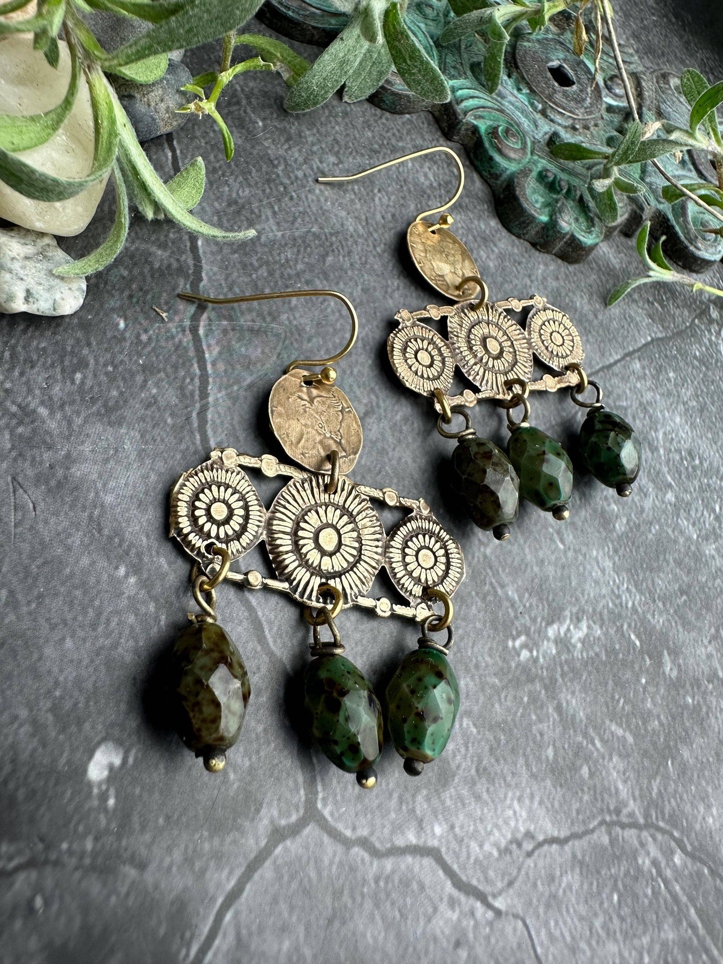 Sunburst Chandelier Earrings with Green Jasper Art Glass