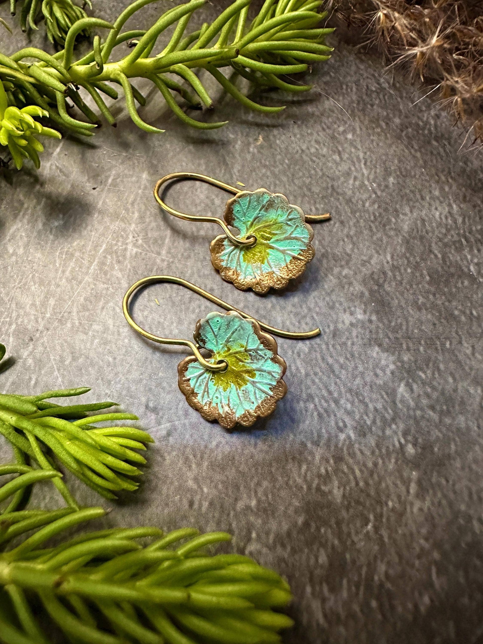 Lily Pad Leaf Earrings - Handcrafted Brass with Green Patina