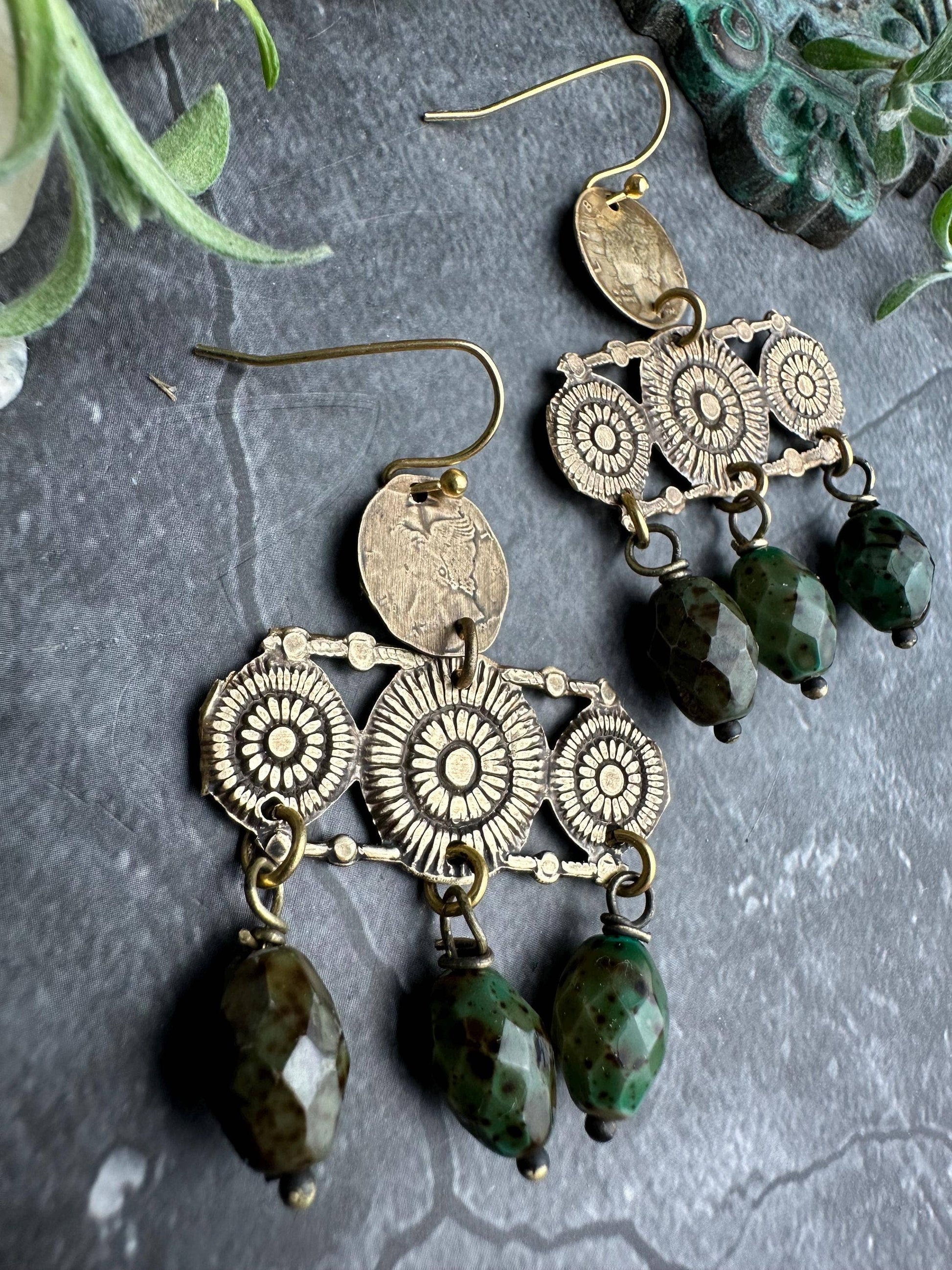 Sunburst Chandelier Earrings with Green Jasper Art Glass