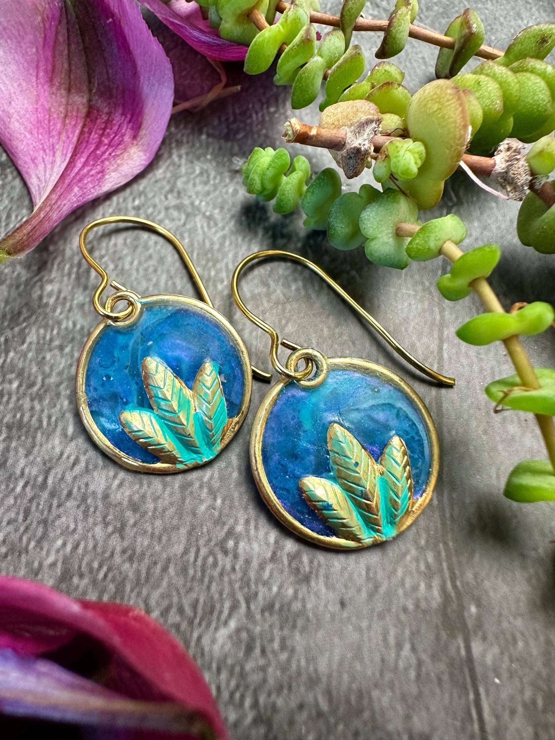 Lotus Bloom Earrings - Iridescent Patina Hand Colored Resin