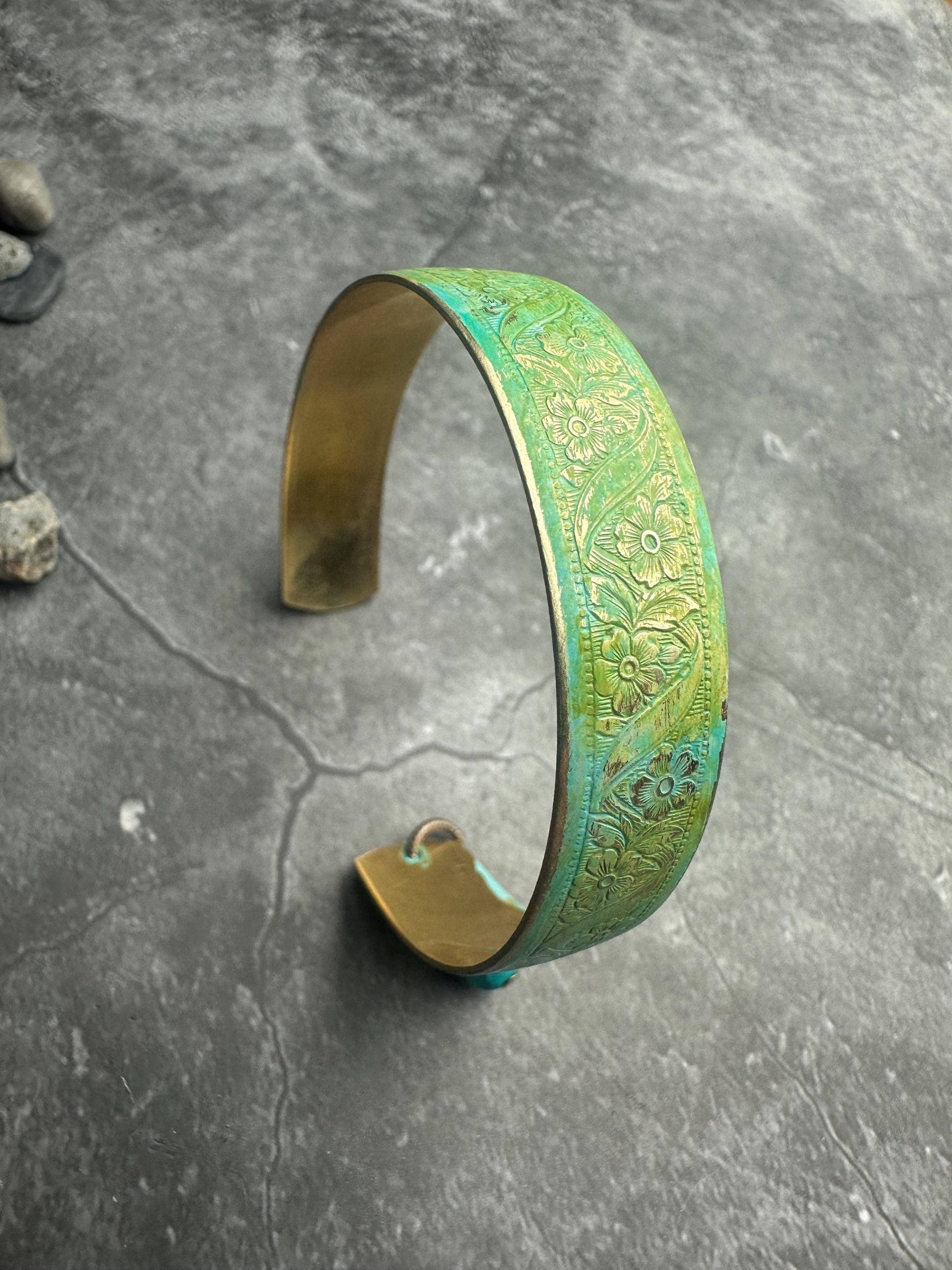 Floral Brass Cuff Bracelet with Blue Green Hand Patina