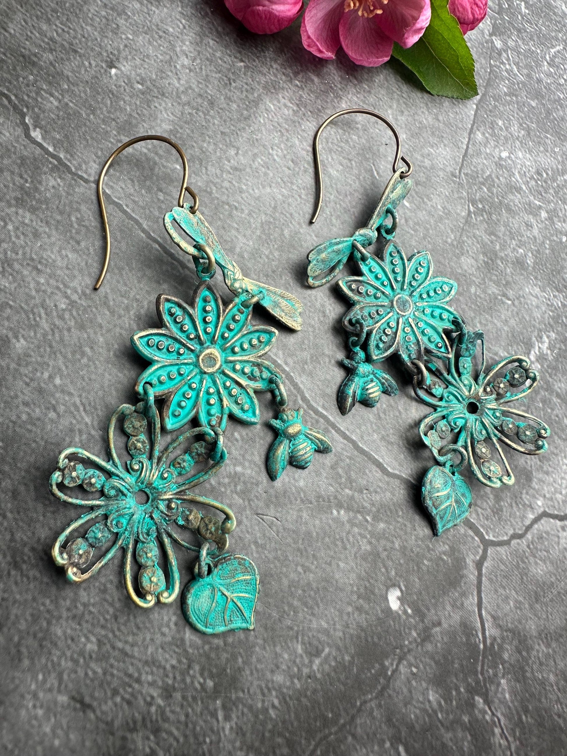 Patina Floral Insect Earrings