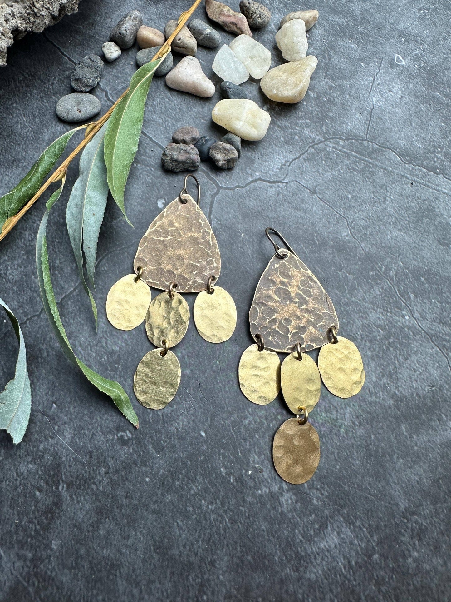 Geometric chandelier - Handmade Solid Beaten Brass Earrings