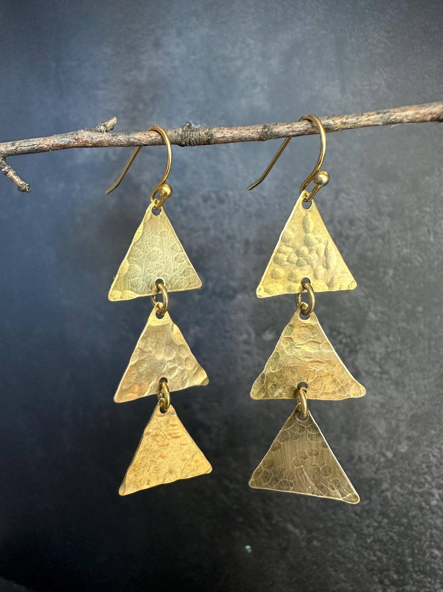 Triple Triangle Earrings - Hammered Brass Geometric Dangle