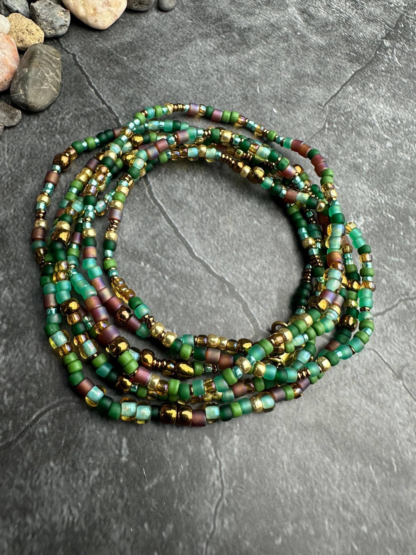 Seed Bead Wrap Bracelet - Green Brown Layering Bracelet
