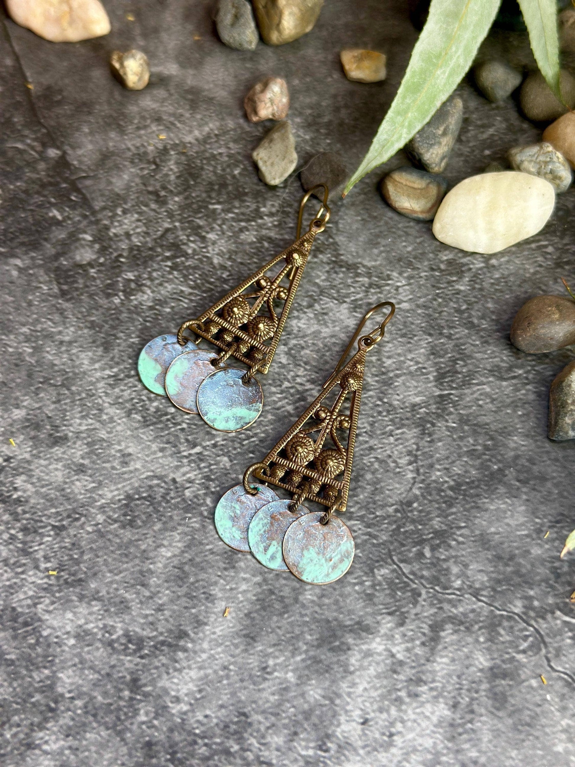 Sacred Triangle Coin Earrings - Patina Brass