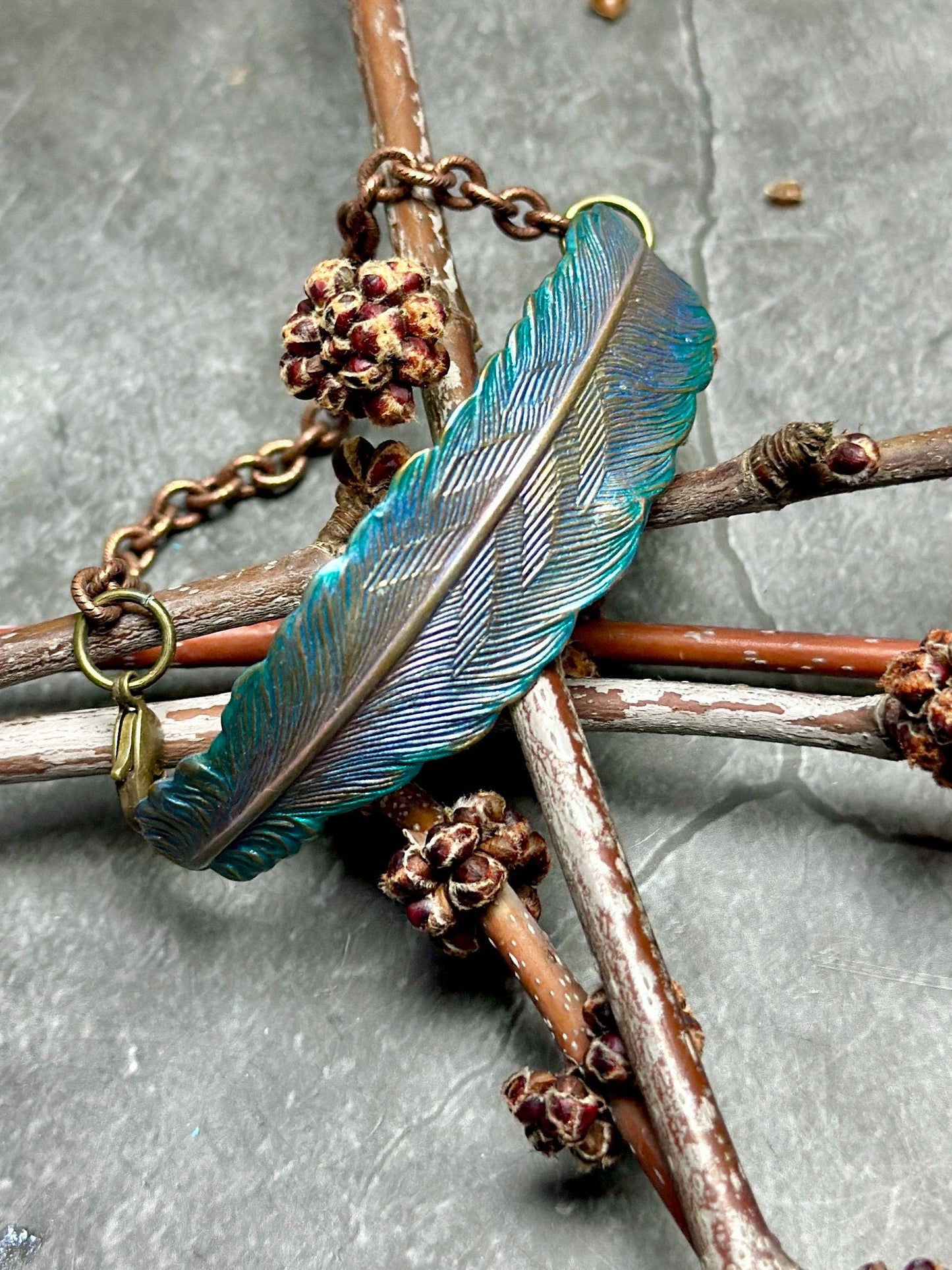 Iridescent Feather Bracelet - Handmade Solid Brass & Patina