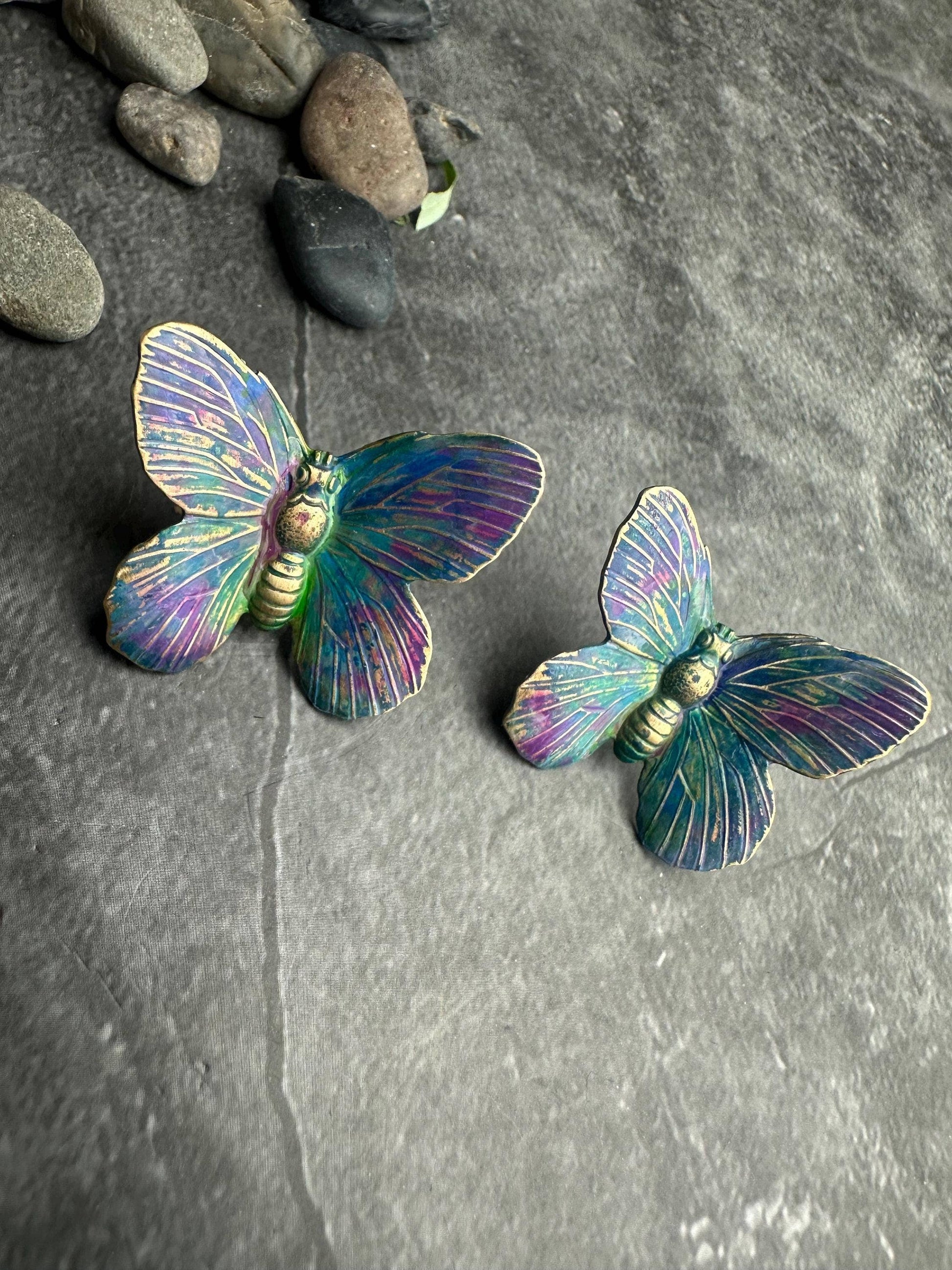 Iridescent Brass Large Butterfly Post Earrings, Color Shift