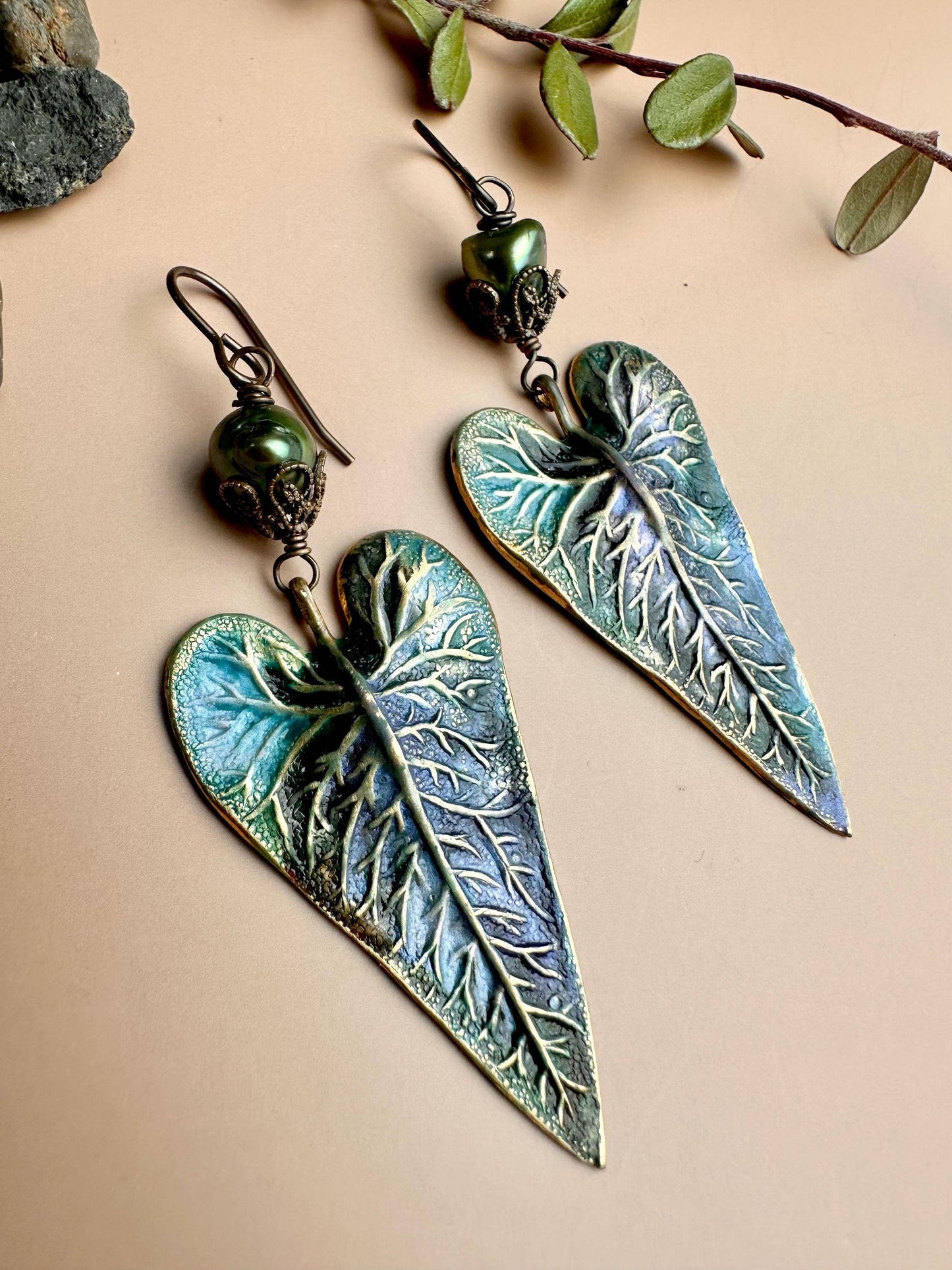 Patina Leaf Earrings with Freshwater Pearl