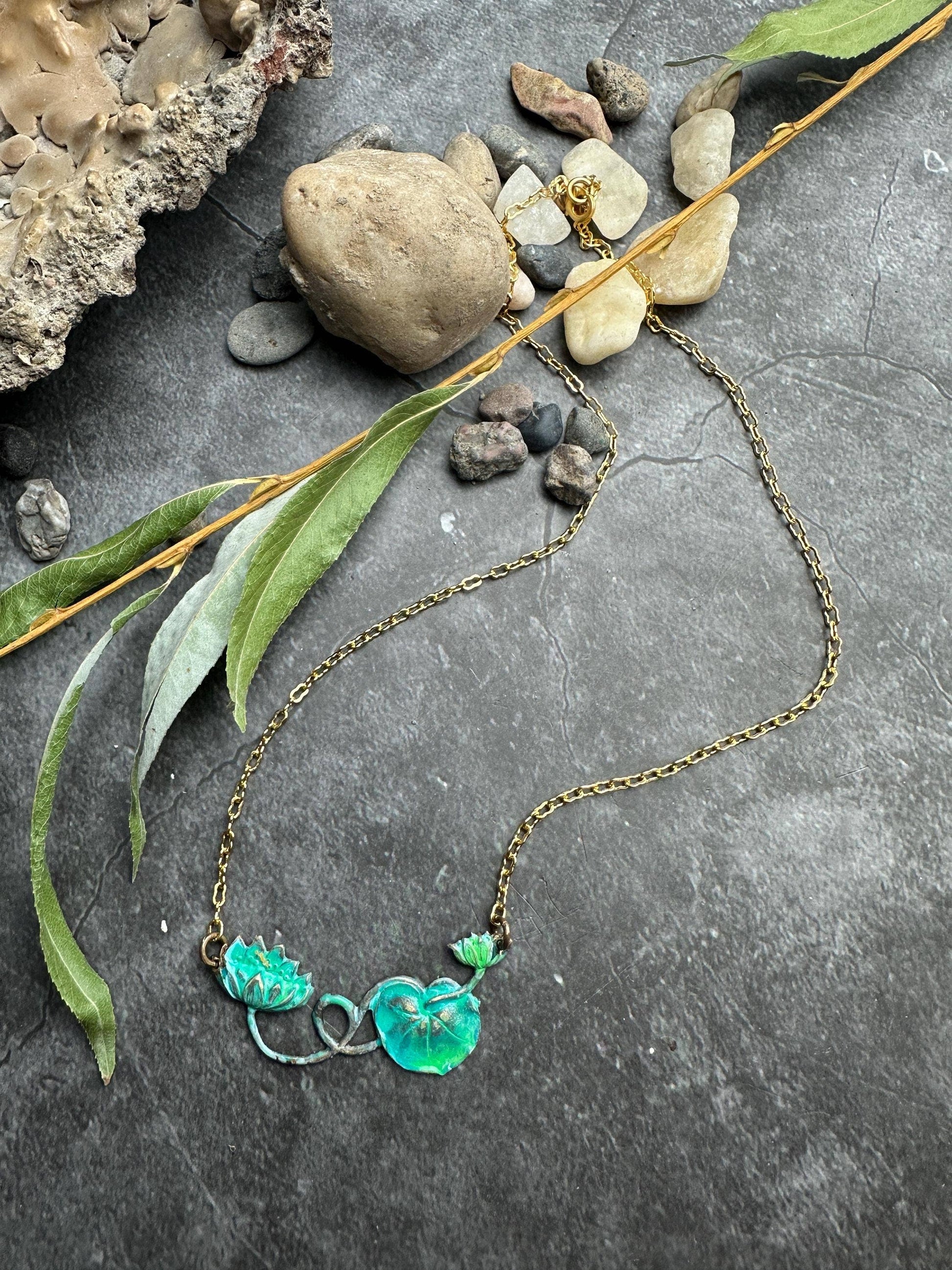 Verdigris Green water lily pad Necklace - Solid Brass