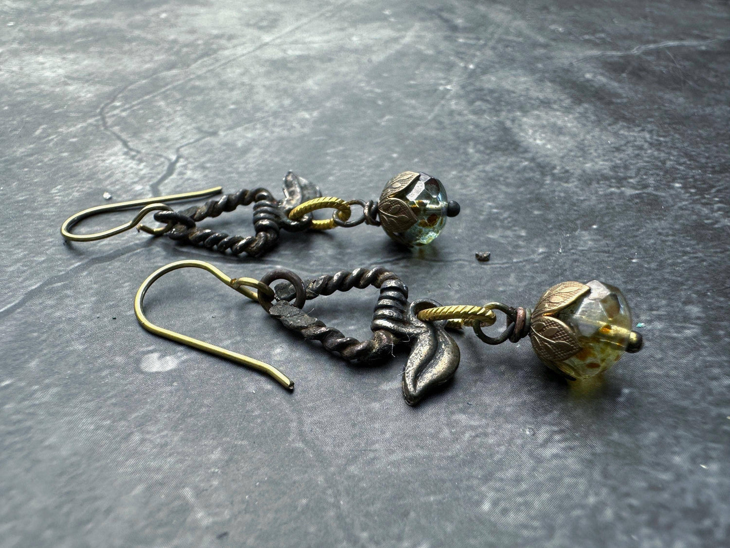 Silver Vine Triangle Earrings - Blackened Ox Faceted Glass