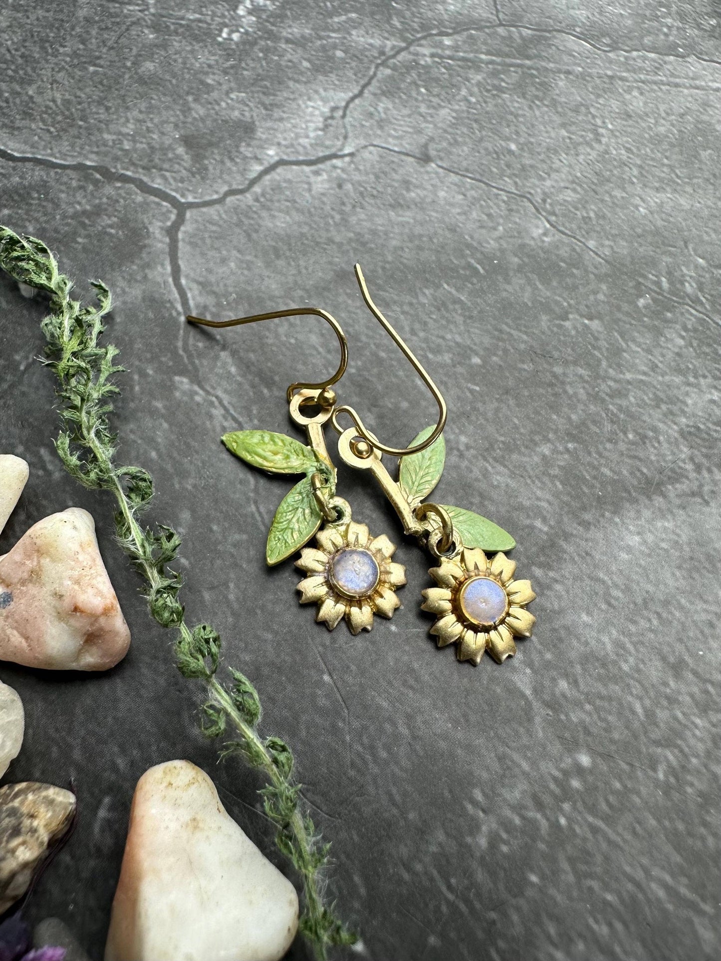 Sunflower Dangle Earrings, Botanical Floral , Brass Drop, Na