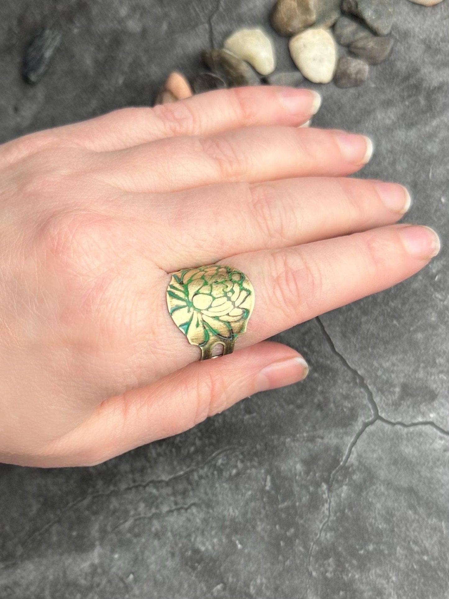 Lotus Flower Etched Ring - Adjustable Brass Cuff Ring