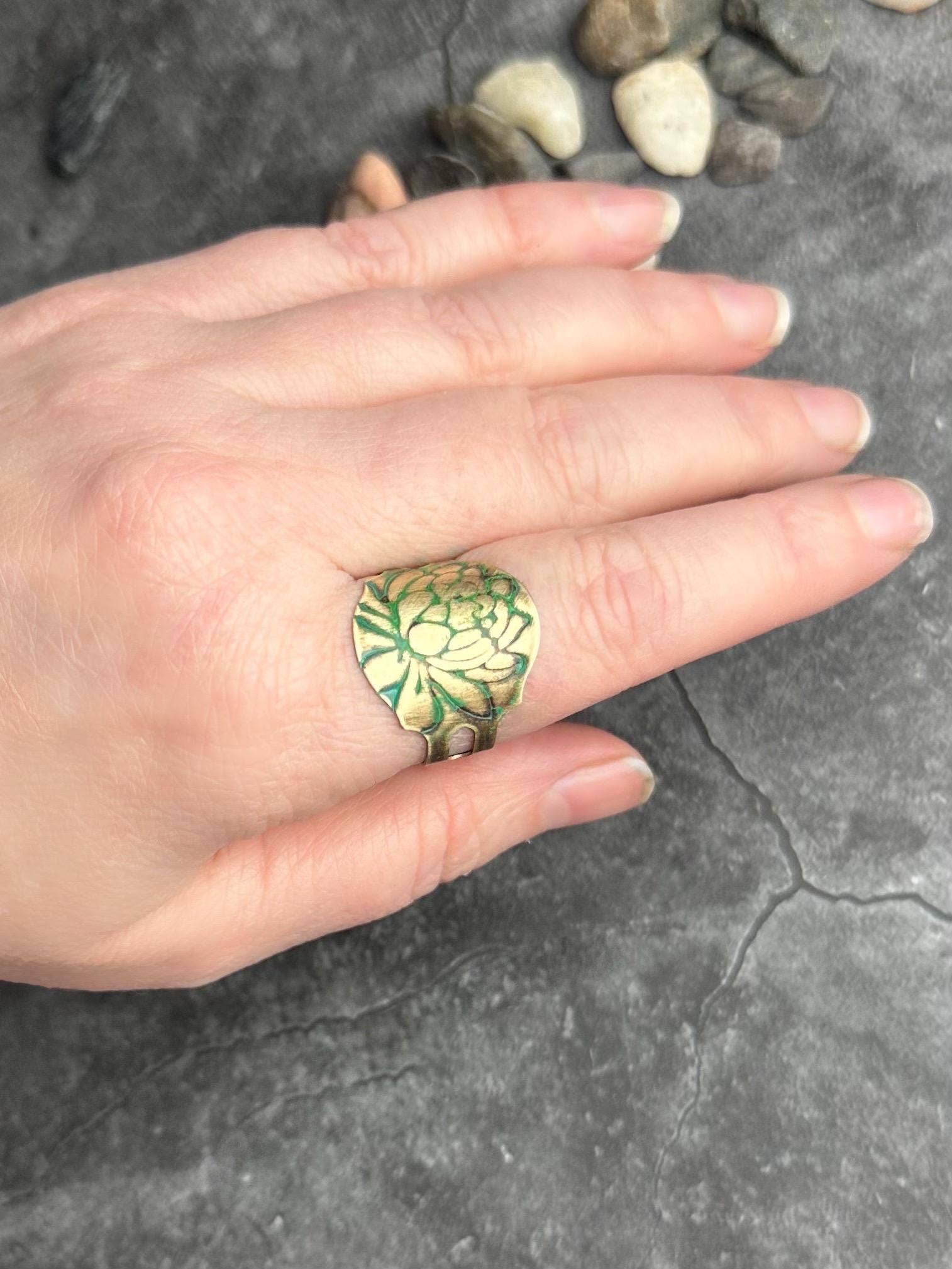 Lotus Flower Etched Ring - Adjustable Brass Cuff Ring
