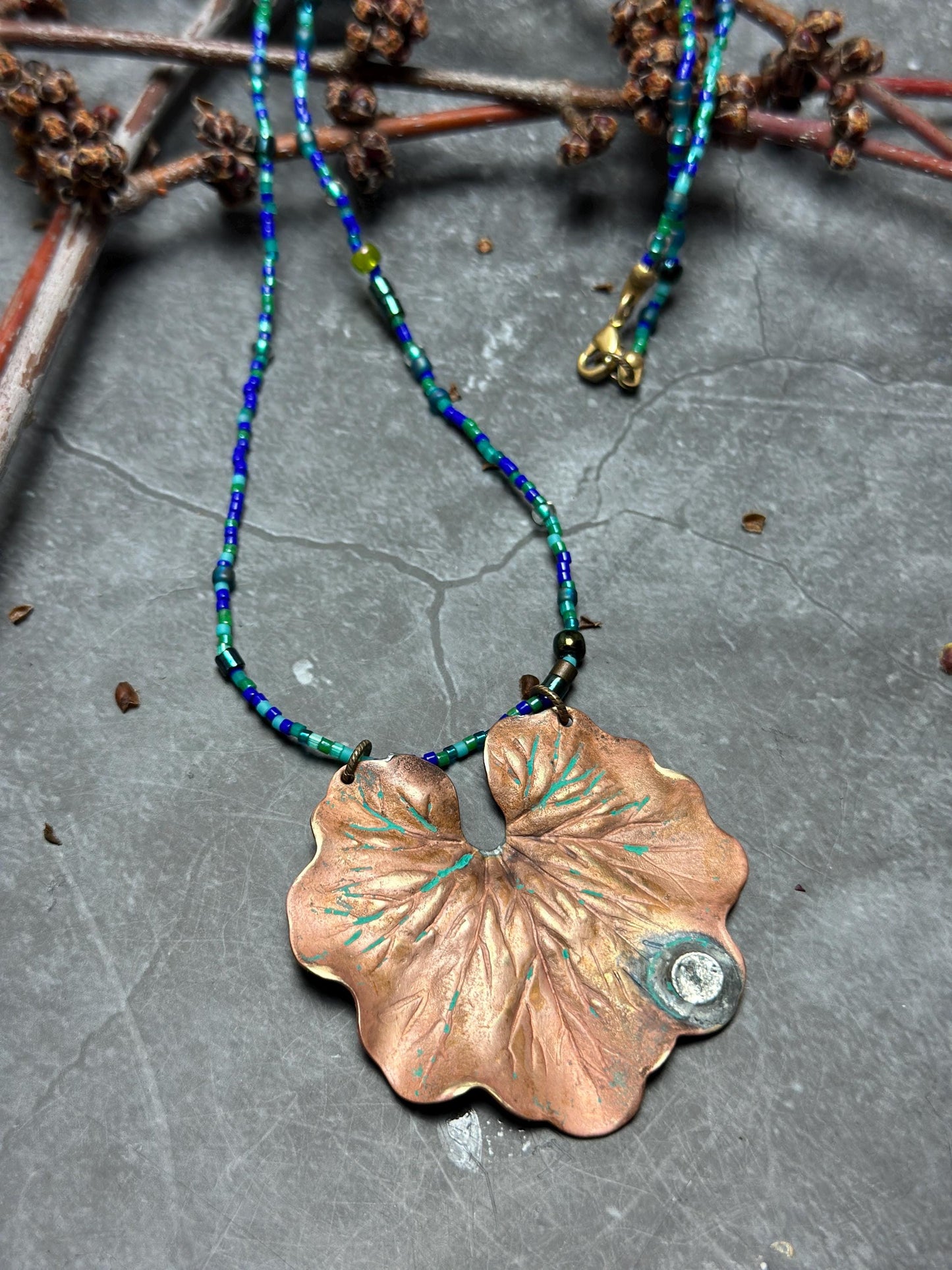 Waterlily Necklace - Handmade Beaded Soldered Brass Hand Patina Finish