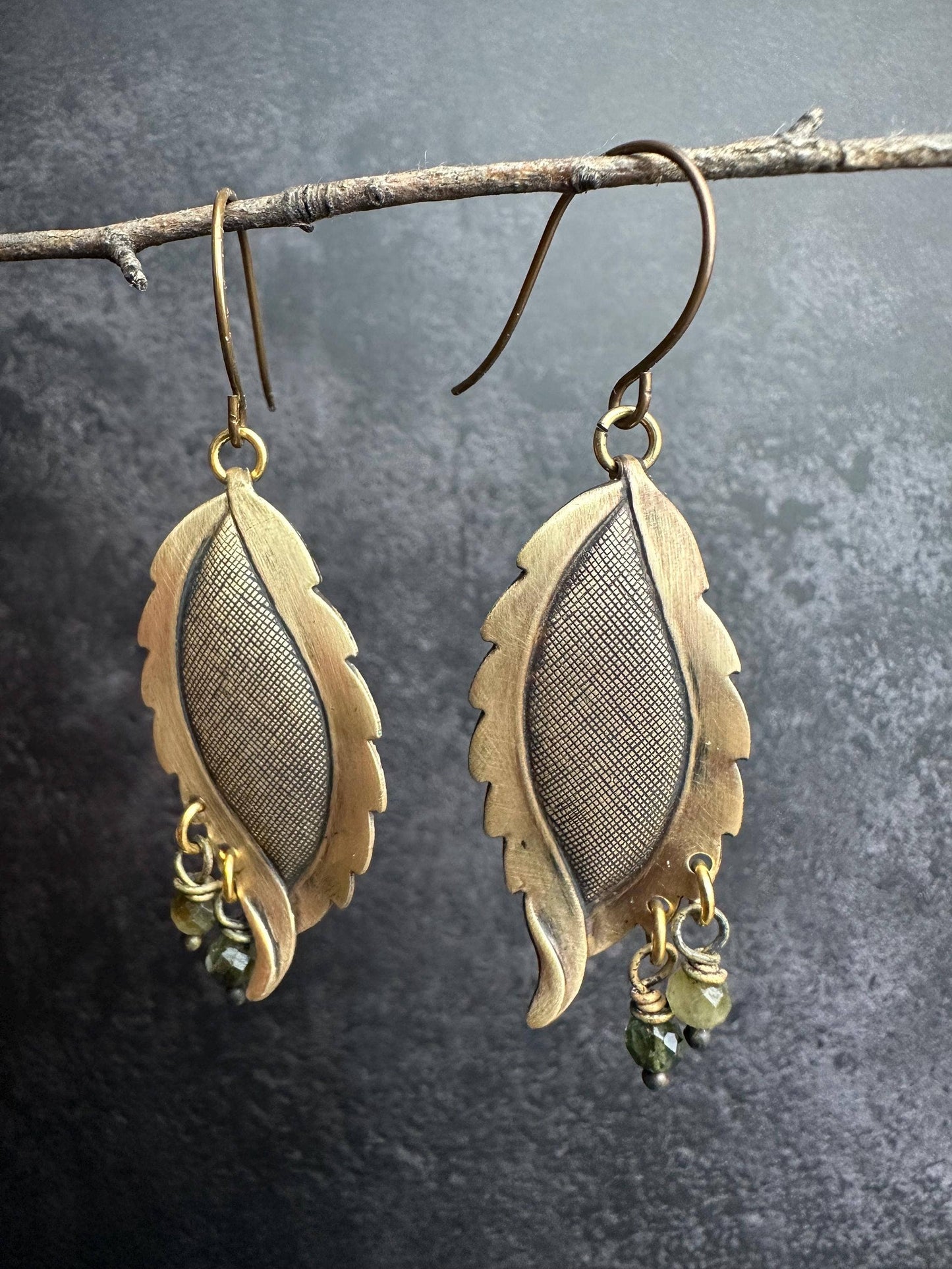 Leafy Green Pebble Earrings - Solid Brass Faceted Tourmaline