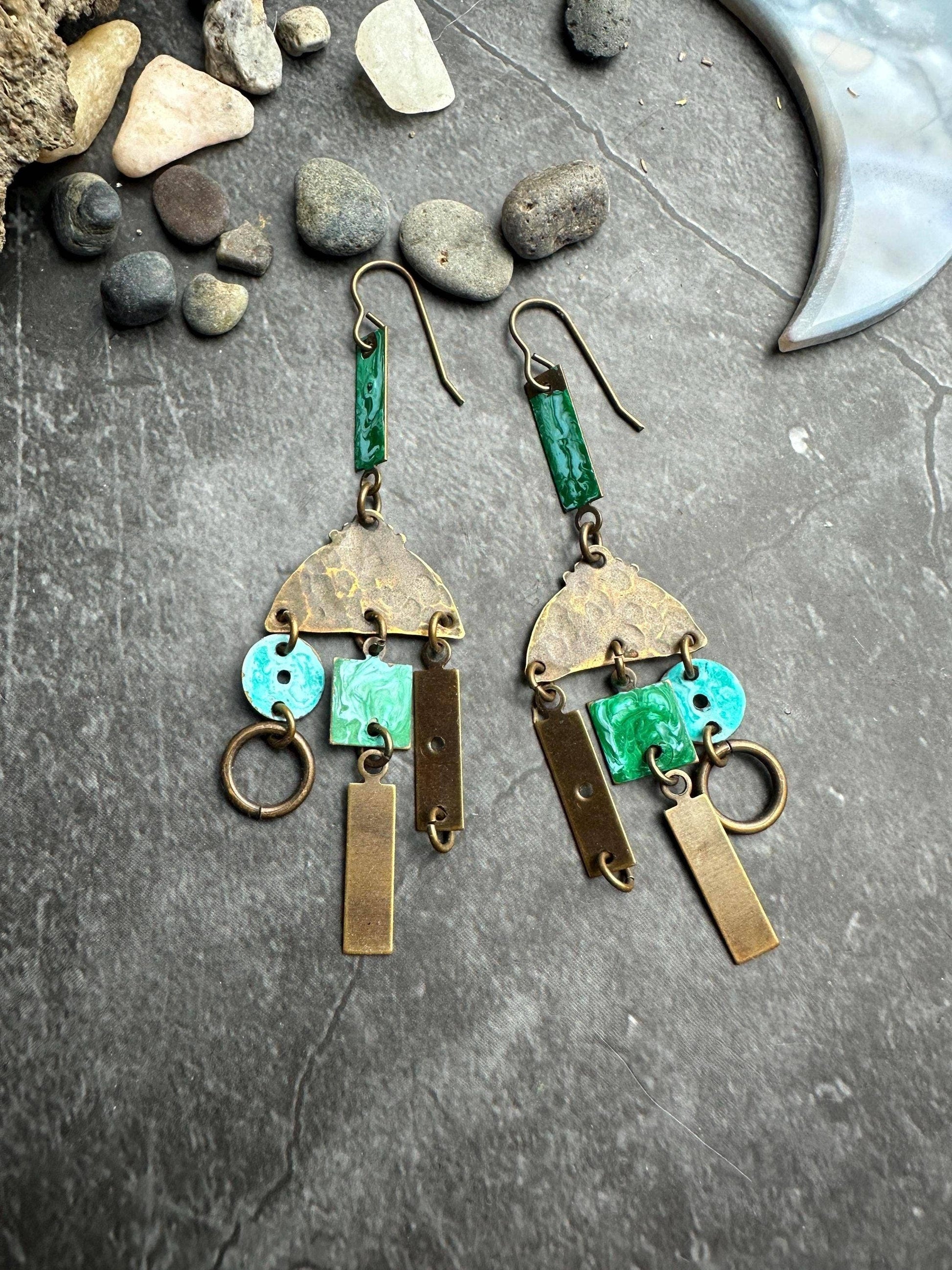 Earrings - Handmade Solid Hammered Brass Green Hand Enamel