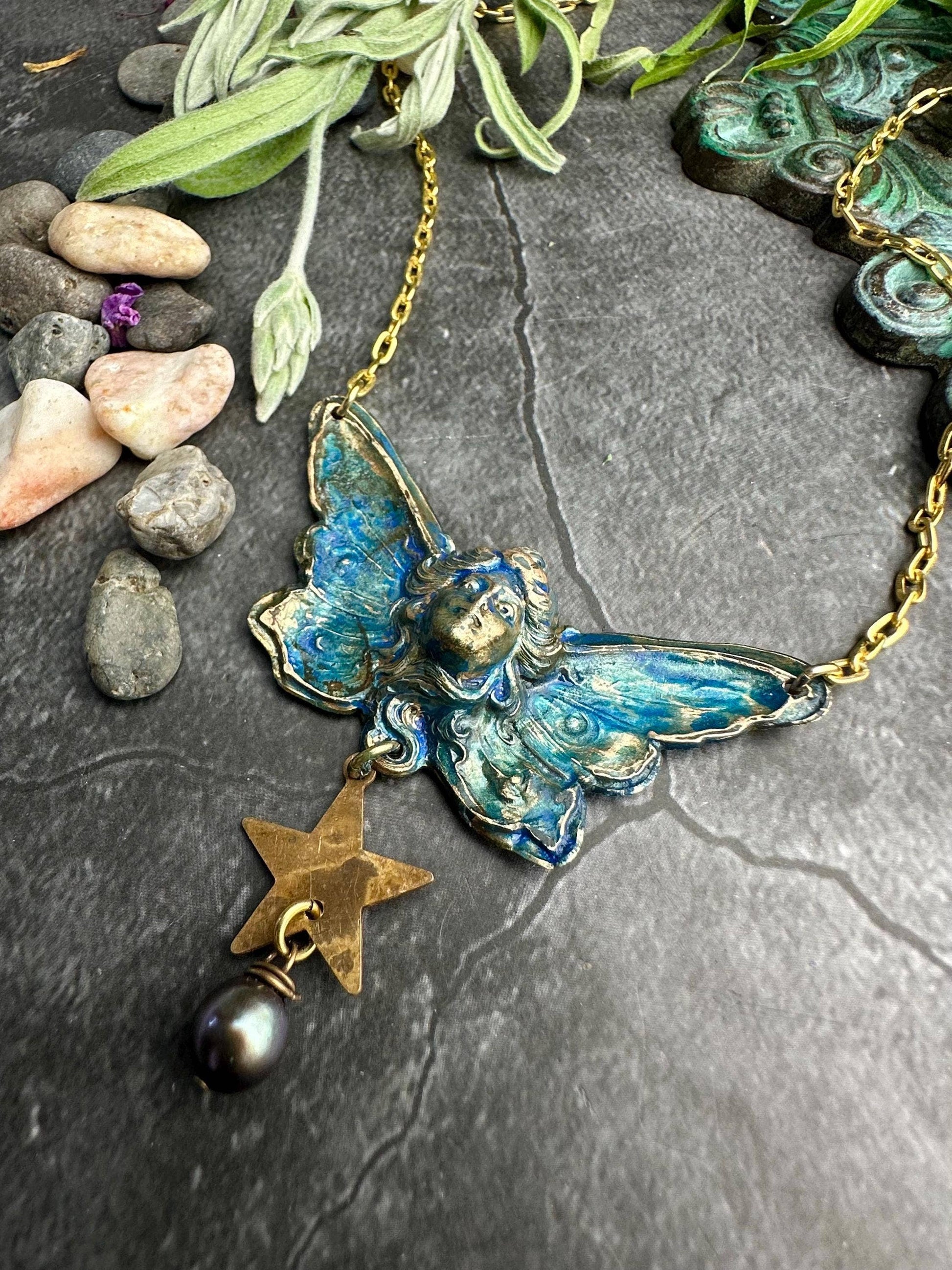 Butterfly Goddess Necklace, Art Nouveau Brass Patina Pendant
