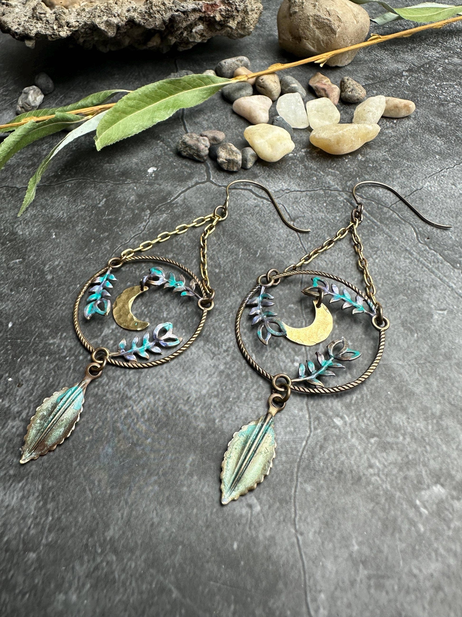 Fern Forest Moon Earrings - Iridescent Patina Brass