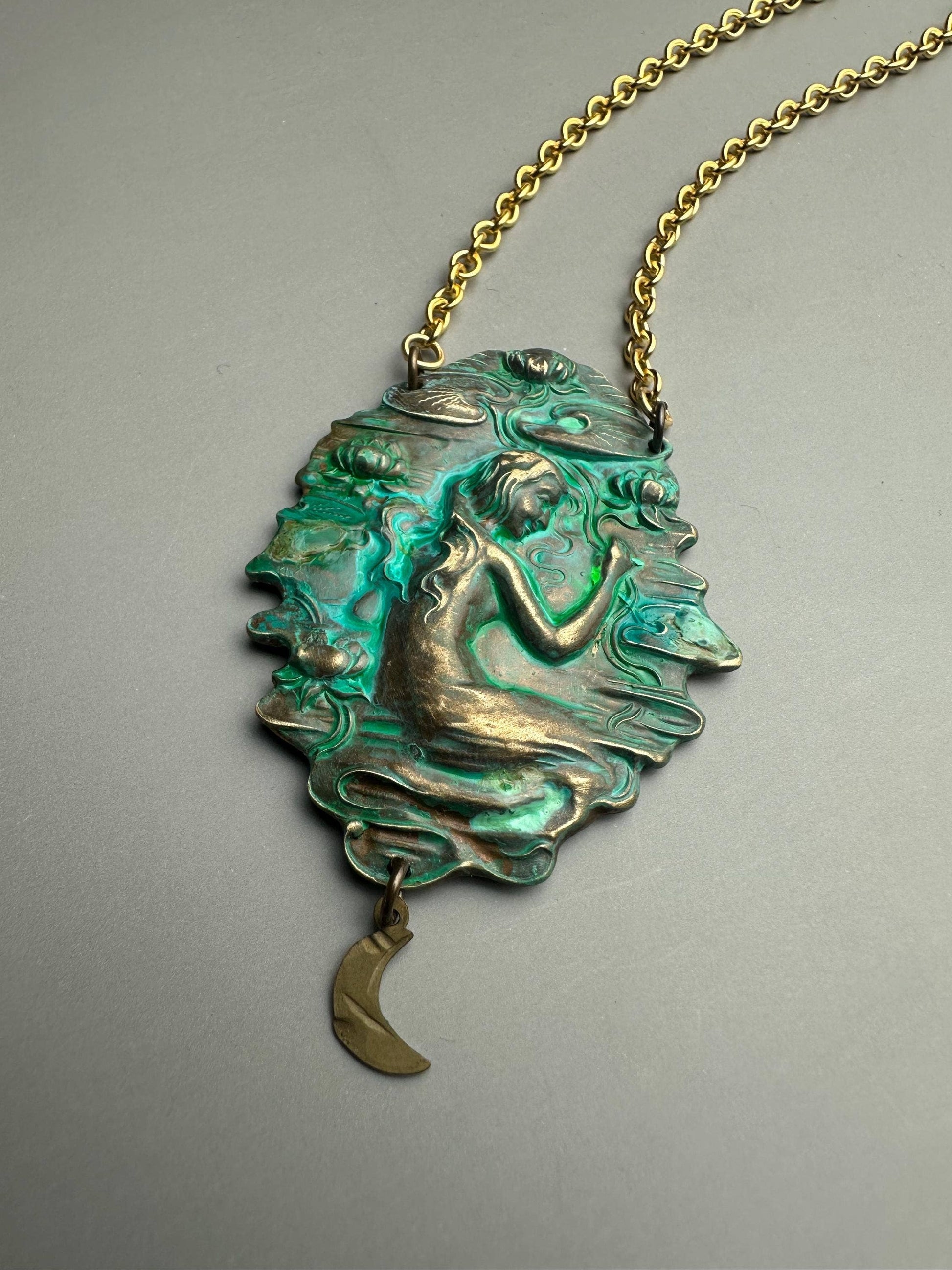 Art Nouveau Goddess Necklace - Verdigris Patina Pendant