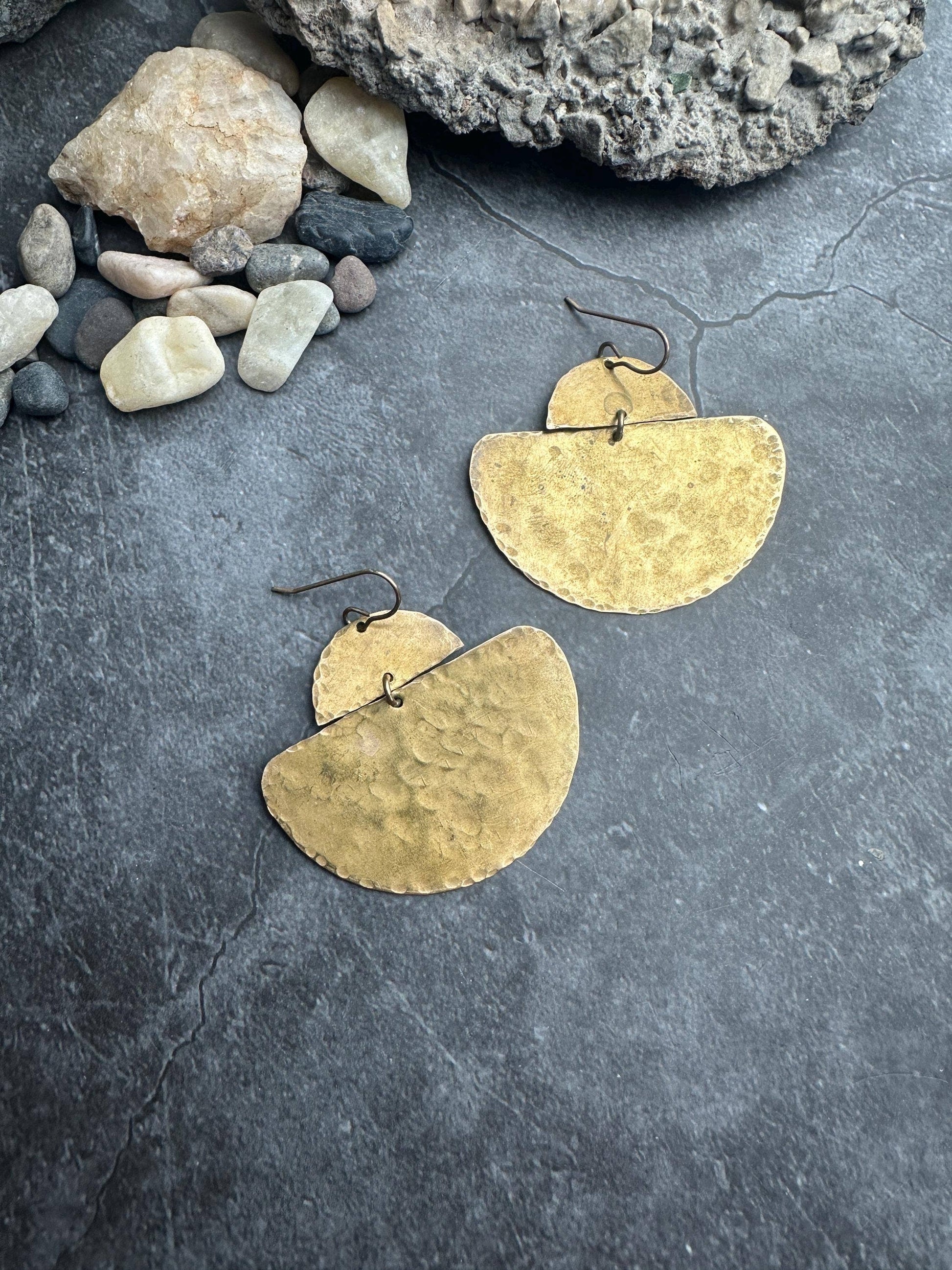 Geometric Half Disc - Handmade Solid Beaten Brass Earrings