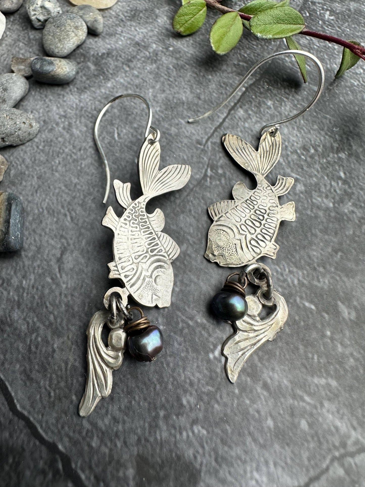 Silver Fish Earrings with Freshwater Pearl