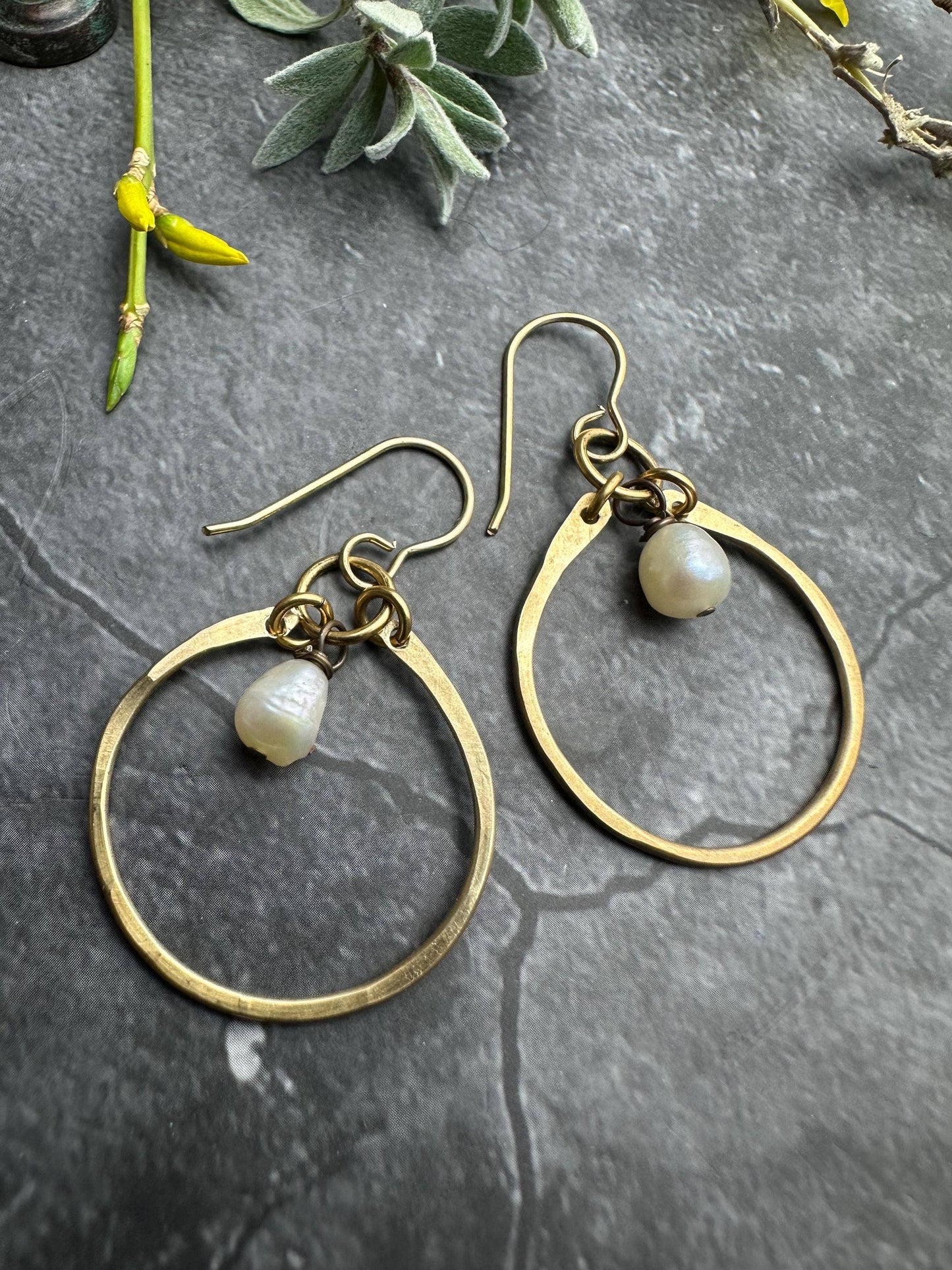 Freshwater Pearl Hoop Earrings - Brass Hoops
