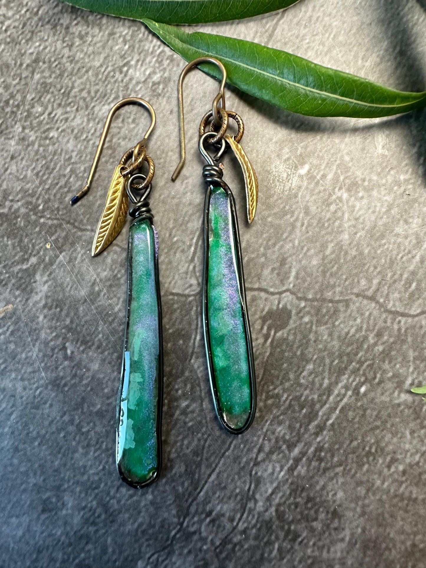 Dragonfly Pool Iridescent Handmade Wing Earrings Sterling Plated Wire Forms with Hand Colored Resin- Green