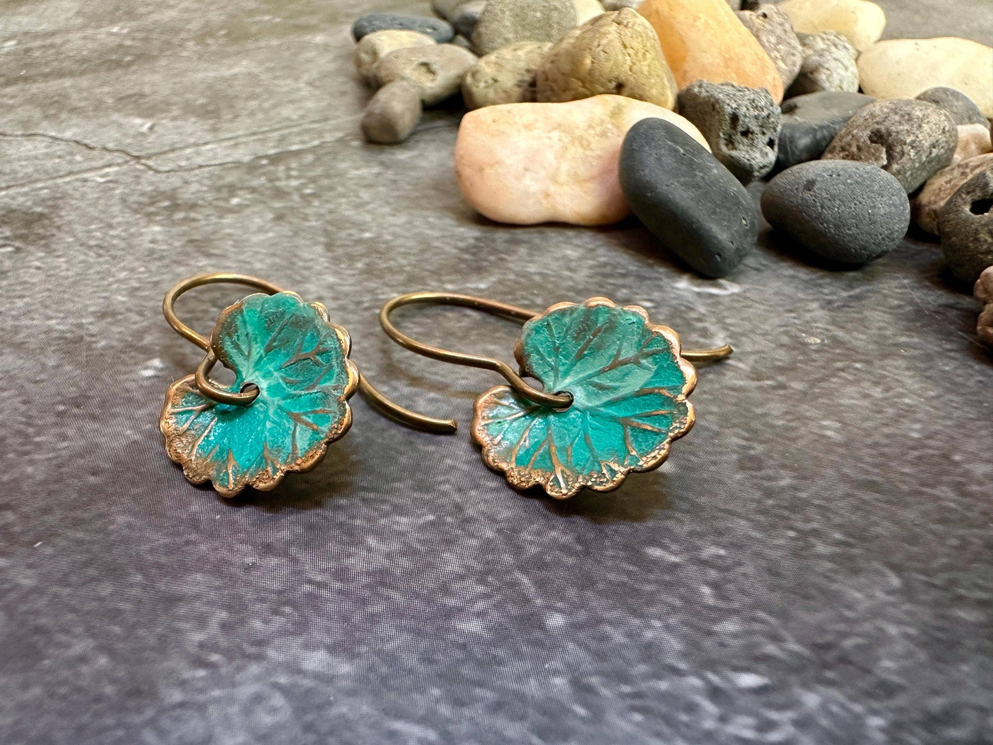 Lily Pad Leaf Earrings - Brass with Tiffany Green Patina