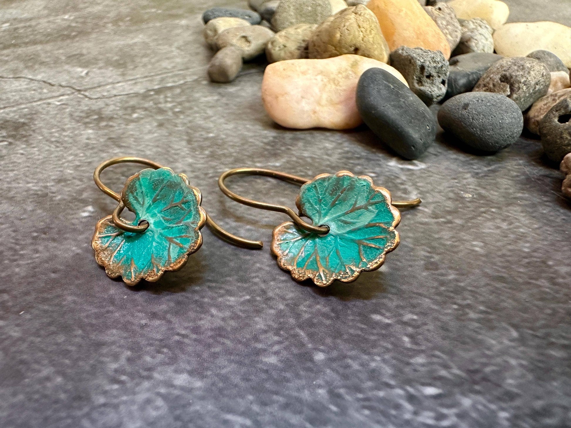 Lily Pad Leaf Earrings - Brass with Tiffany Green Patina