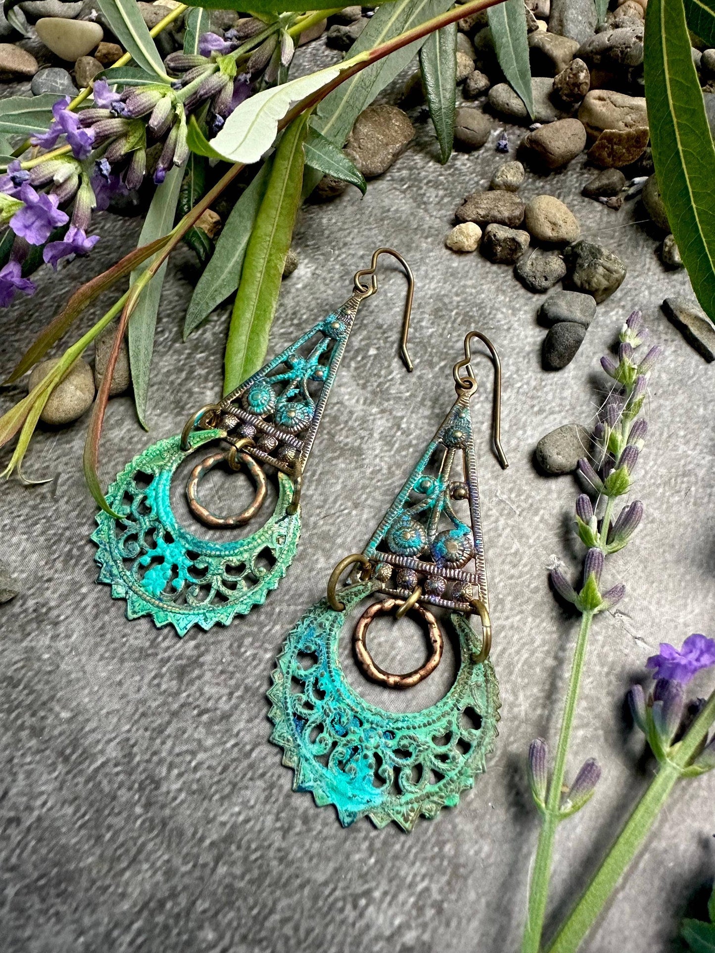 Verdigris Filigree Moon Earrings