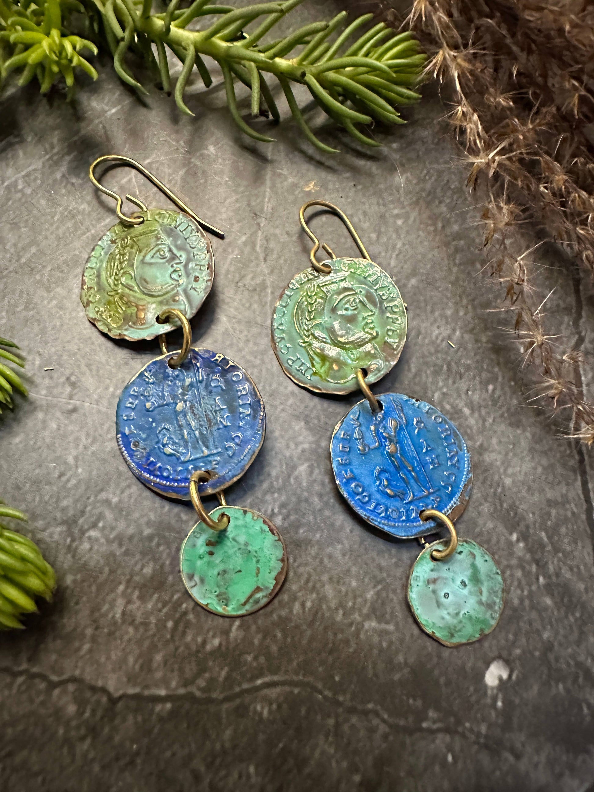 Ancient Coin Earrings- Patina Handmade Solid Beaten Brass