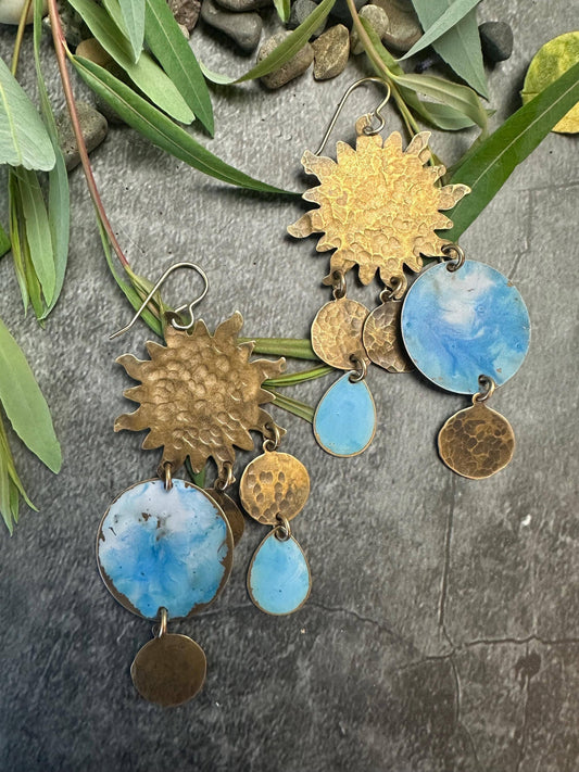Celestial Earrings - Hammered Brass Solar System Enamel