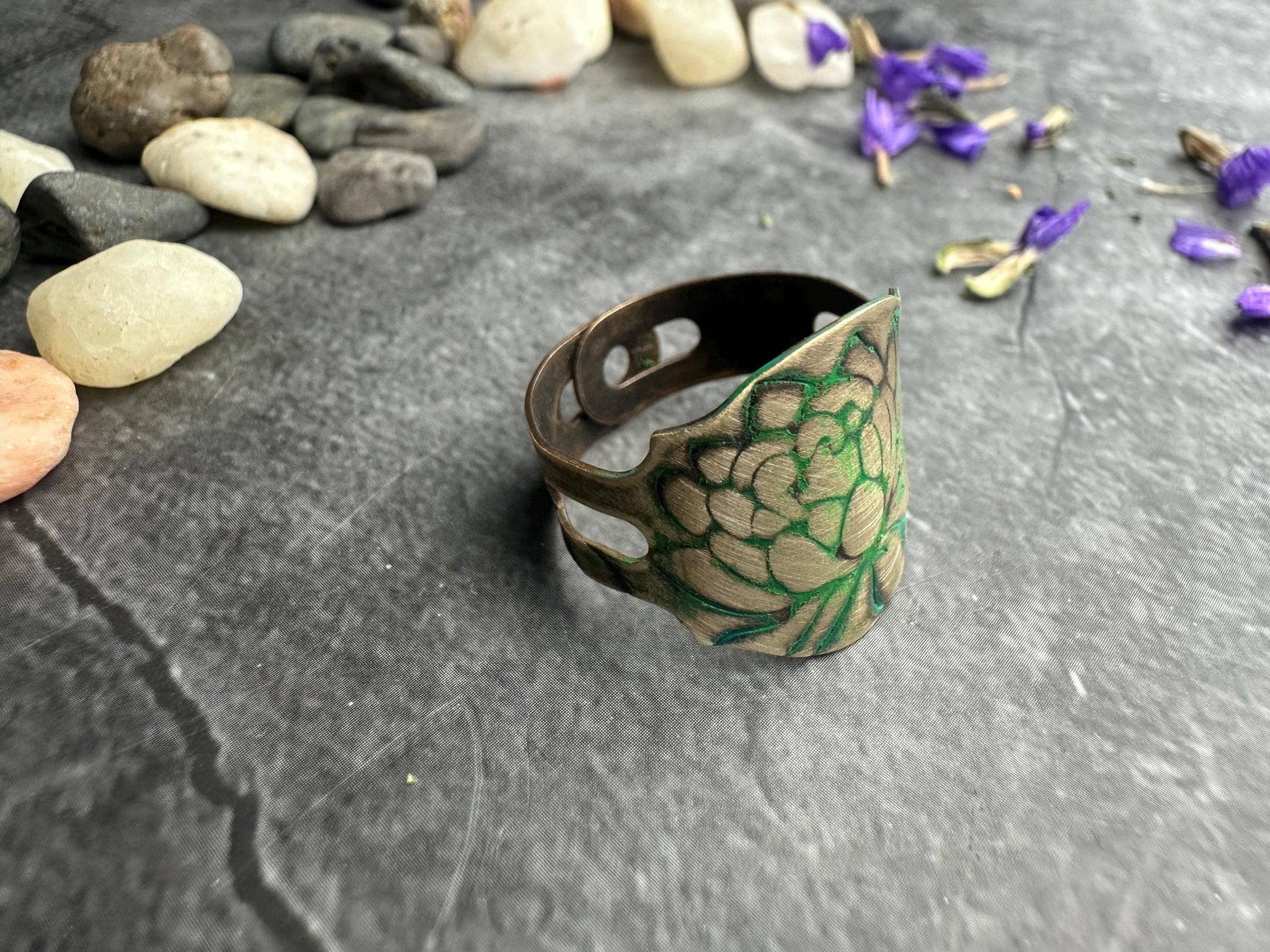 Lotus Flower Etched Ring - Adjustable Brass Cuff Ring