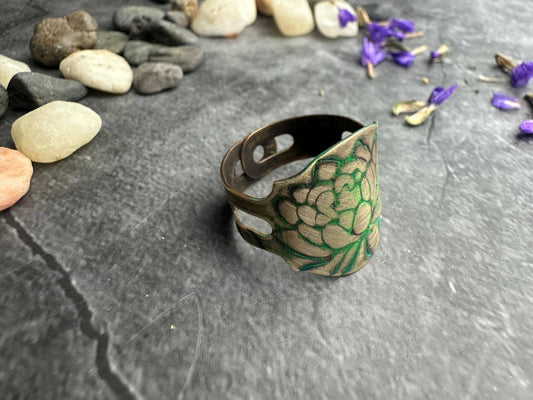 Lotus Flower Etched Ring - Adjustable Brass Cuff Ring