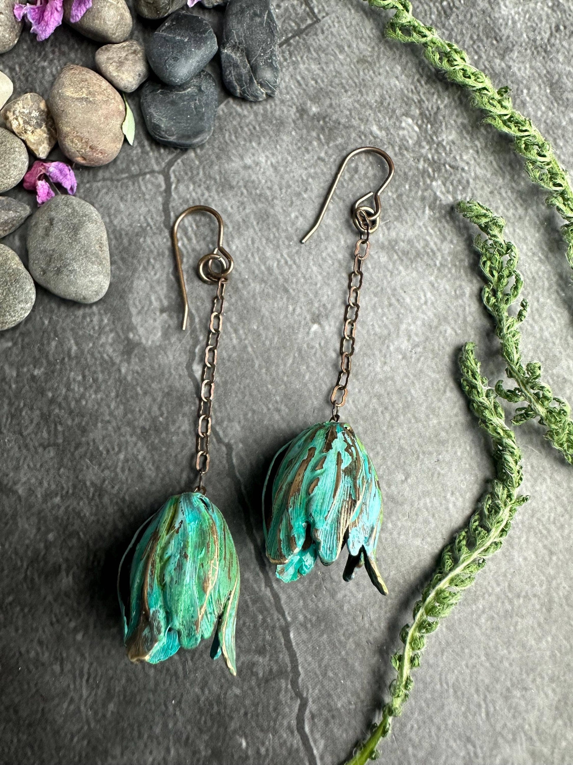Verdigris Flower Drop Earrings