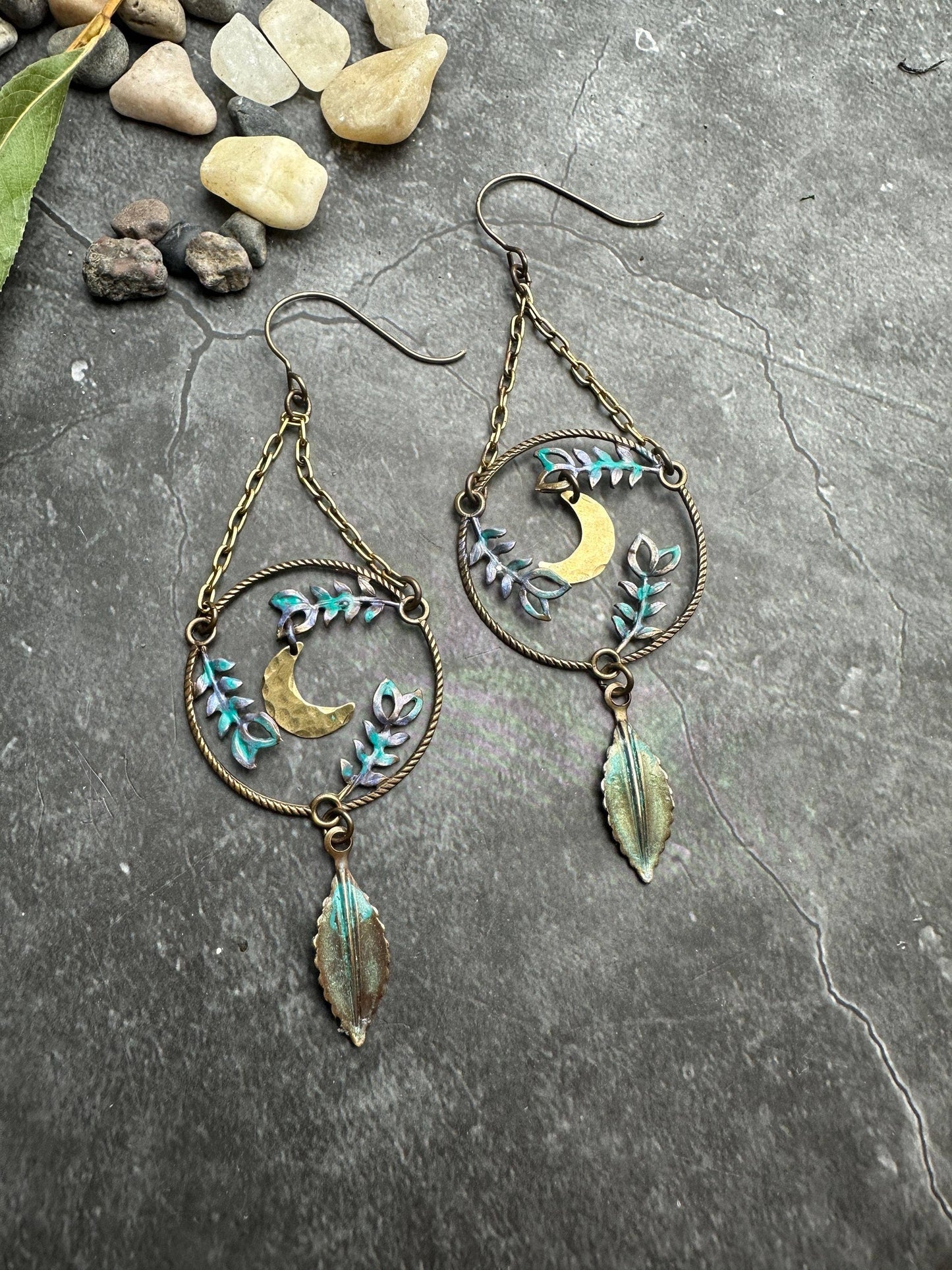 Fern Forest Moon Earrings - Iridescent Patina Brass