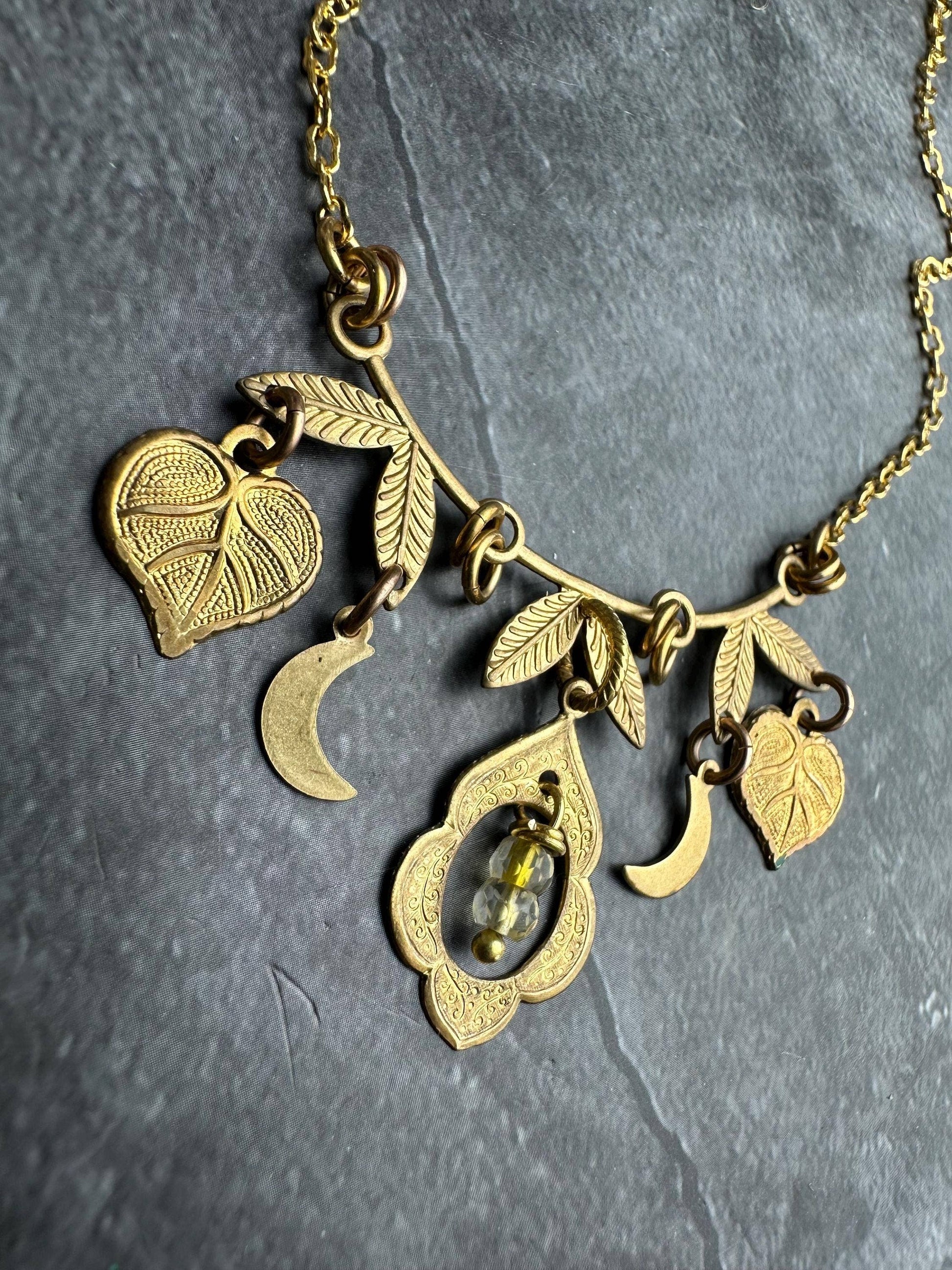 Brass & Citrine Charm Cluster Necklace