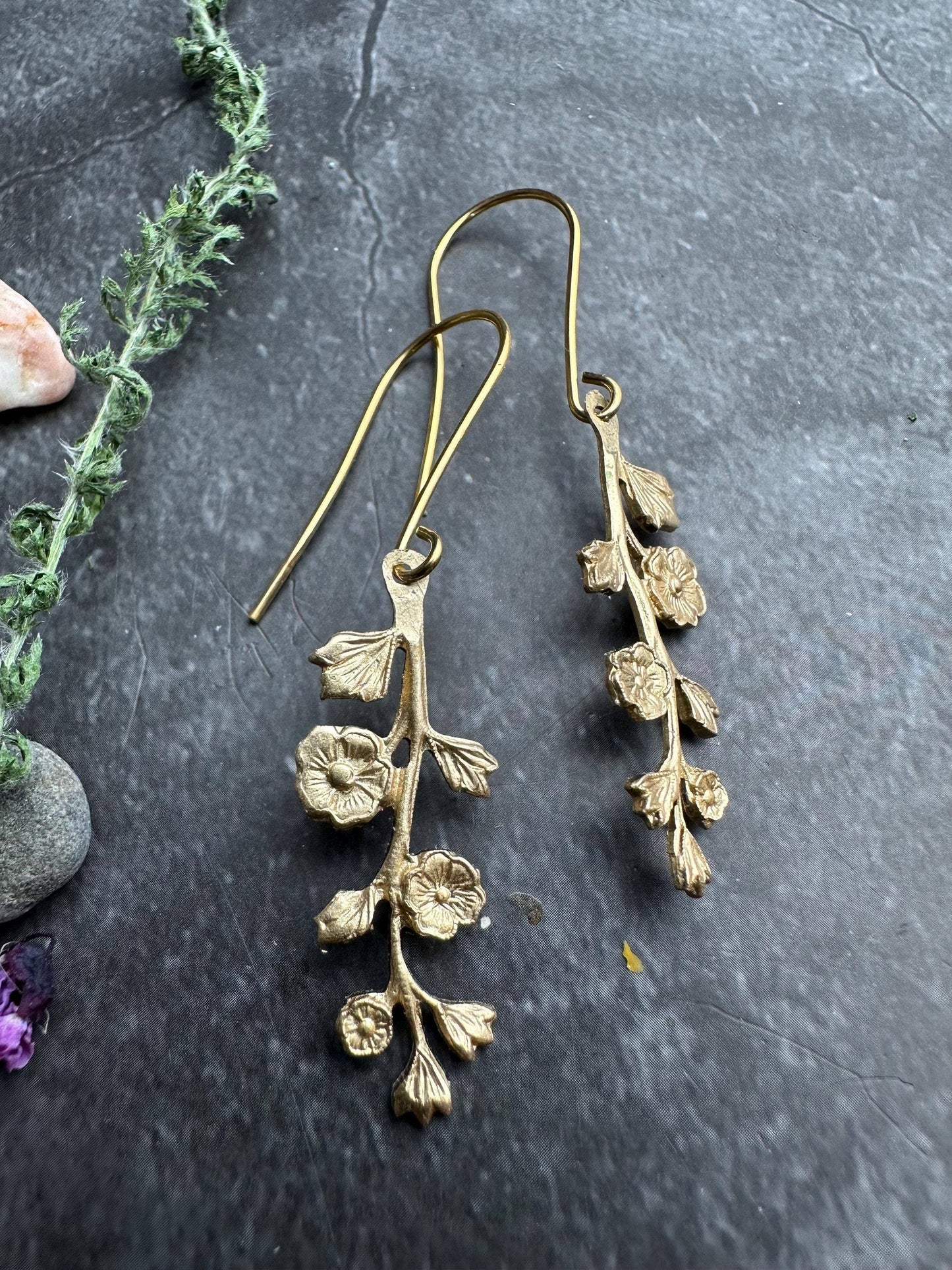 Wildflower Branch Earrings, Botanical Dangle, Brass , Nature