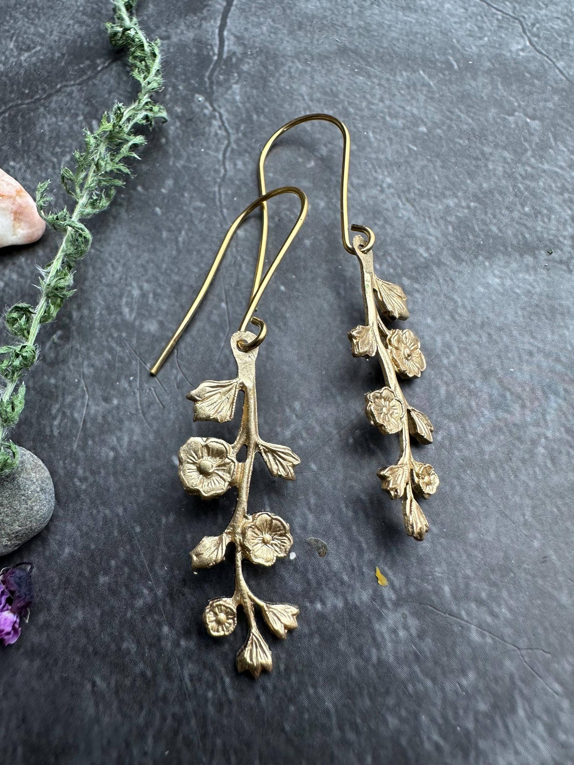 Wildflower Branch Earrings, Botanical Dangle, Brass , Nature
